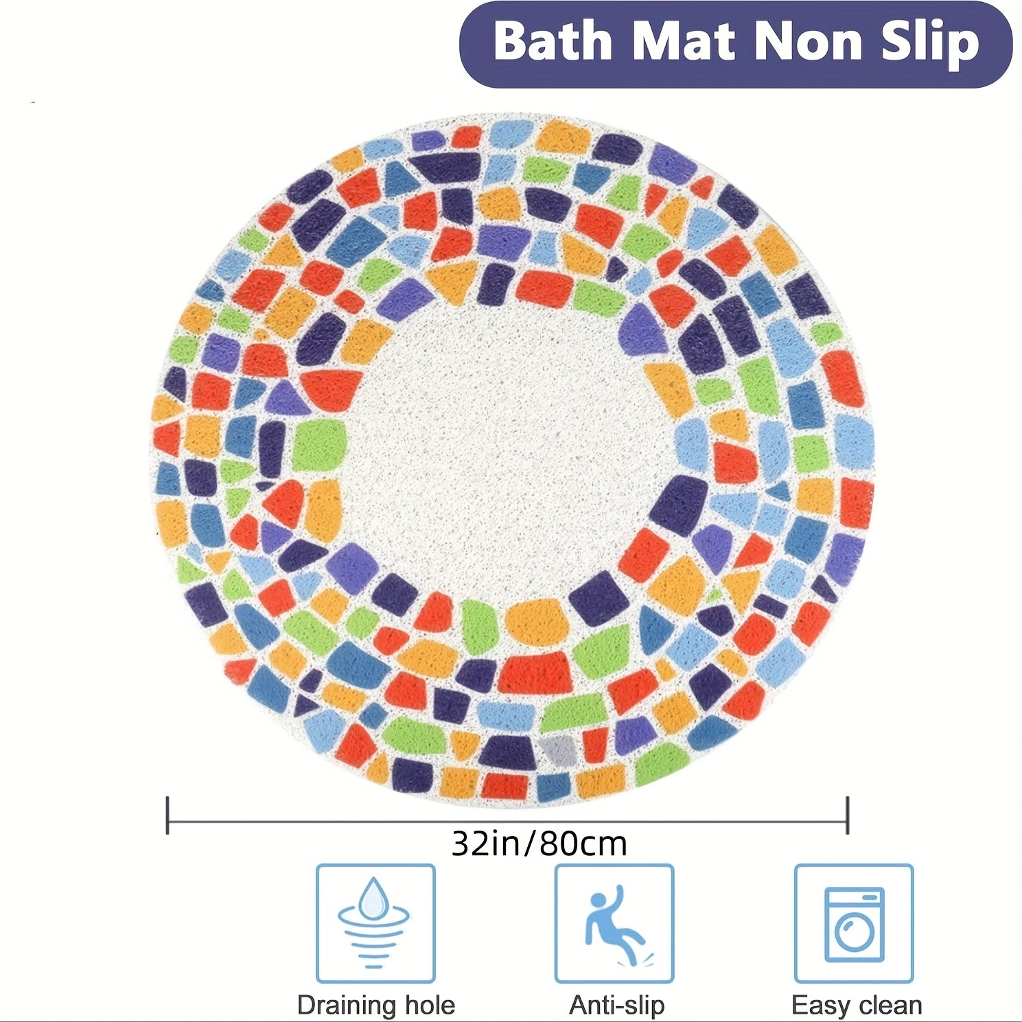 Non-Slip Shower Mat with Drain Holes - Quick-Dry Bath, Anti-Slip Bathroom Floor Mat, Soft Cushioned PVC Bath Mat for Shower, Bathtub, Kitchen - Easy Clean Bathroom Safety Mat, Mosaic Design, Elderly Care