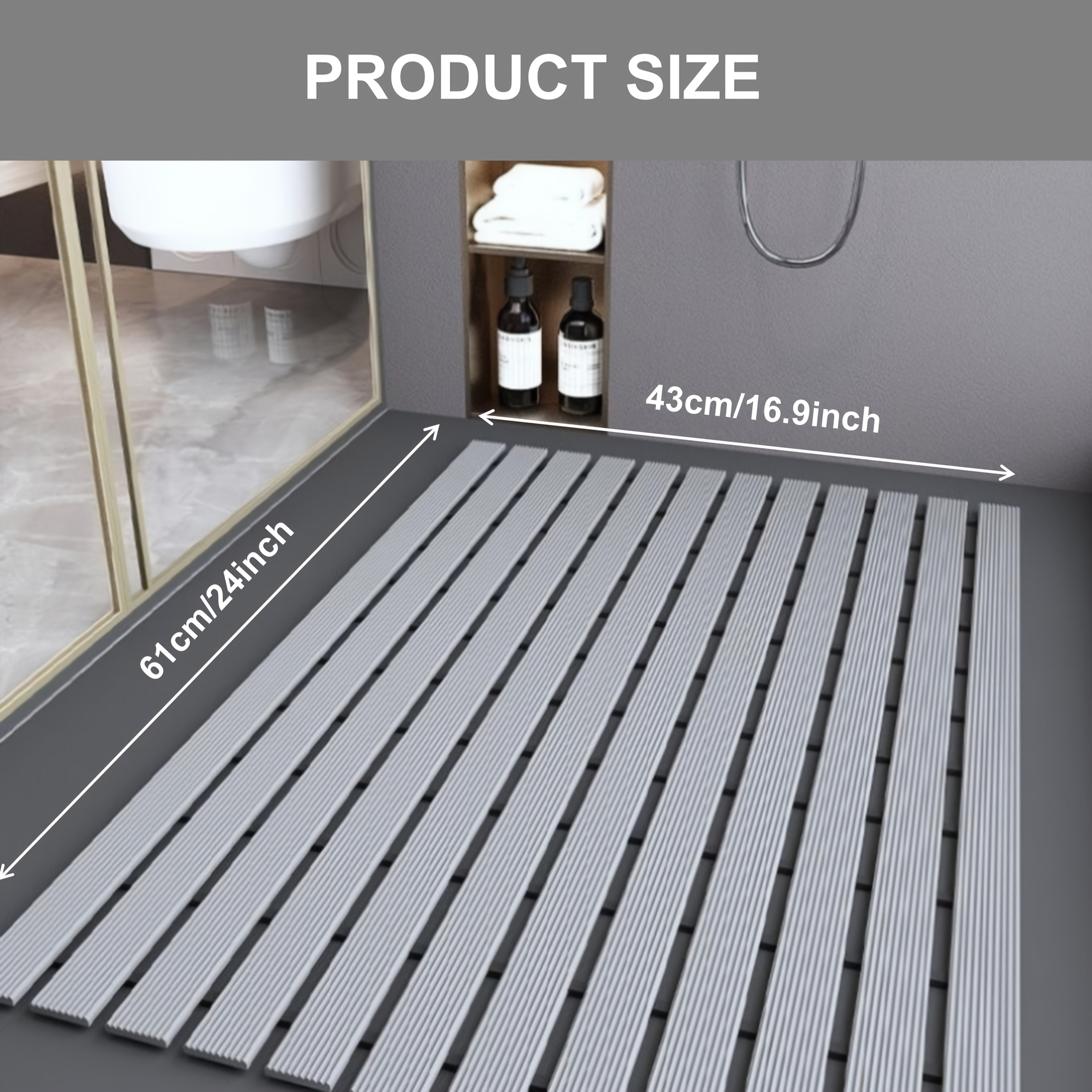 Non-Slip Shower Mat with Suction Cups and Drainage Holes - Quick-Dry Hard Stripe Design | Cut to Any Size 17"x24" (43x60cm) | Suitable for Wet and Slippery Floors in Showers and Bathtubs | Durable White and Gray, Easy-to-Clean Bathroom Mat, Shower Mats