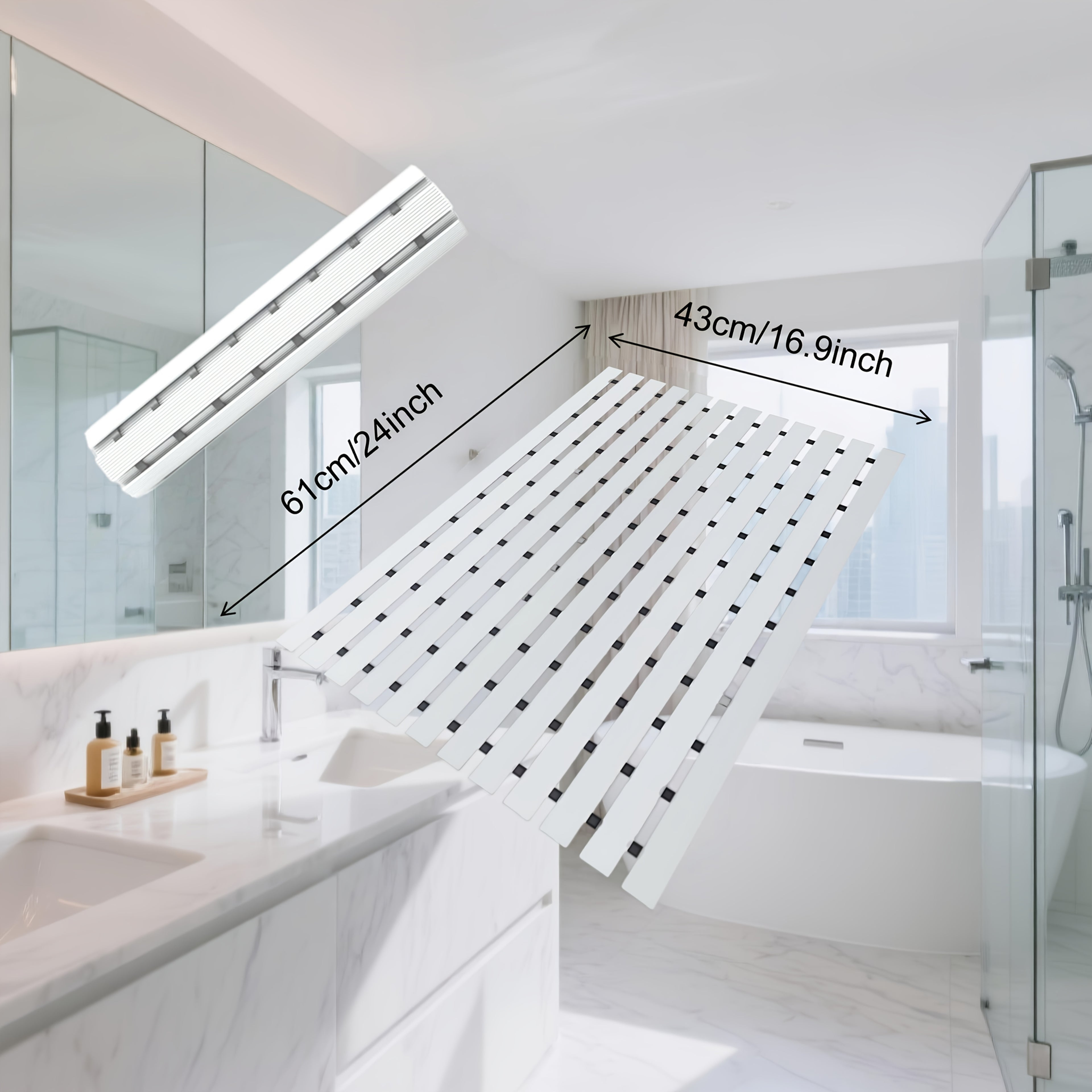Non-Slip Shower Mat with Suction Cups and Drainage Holes - Quick-Dry Hard Stripe Design | Cut to Any Size 17"x24" (43x60cm) | Suitable for Wet and Slippery Floors in Showers and Bathtubs | Durable White and Gray, Easy-to-Clean Bathroom Mat, Shower Mats