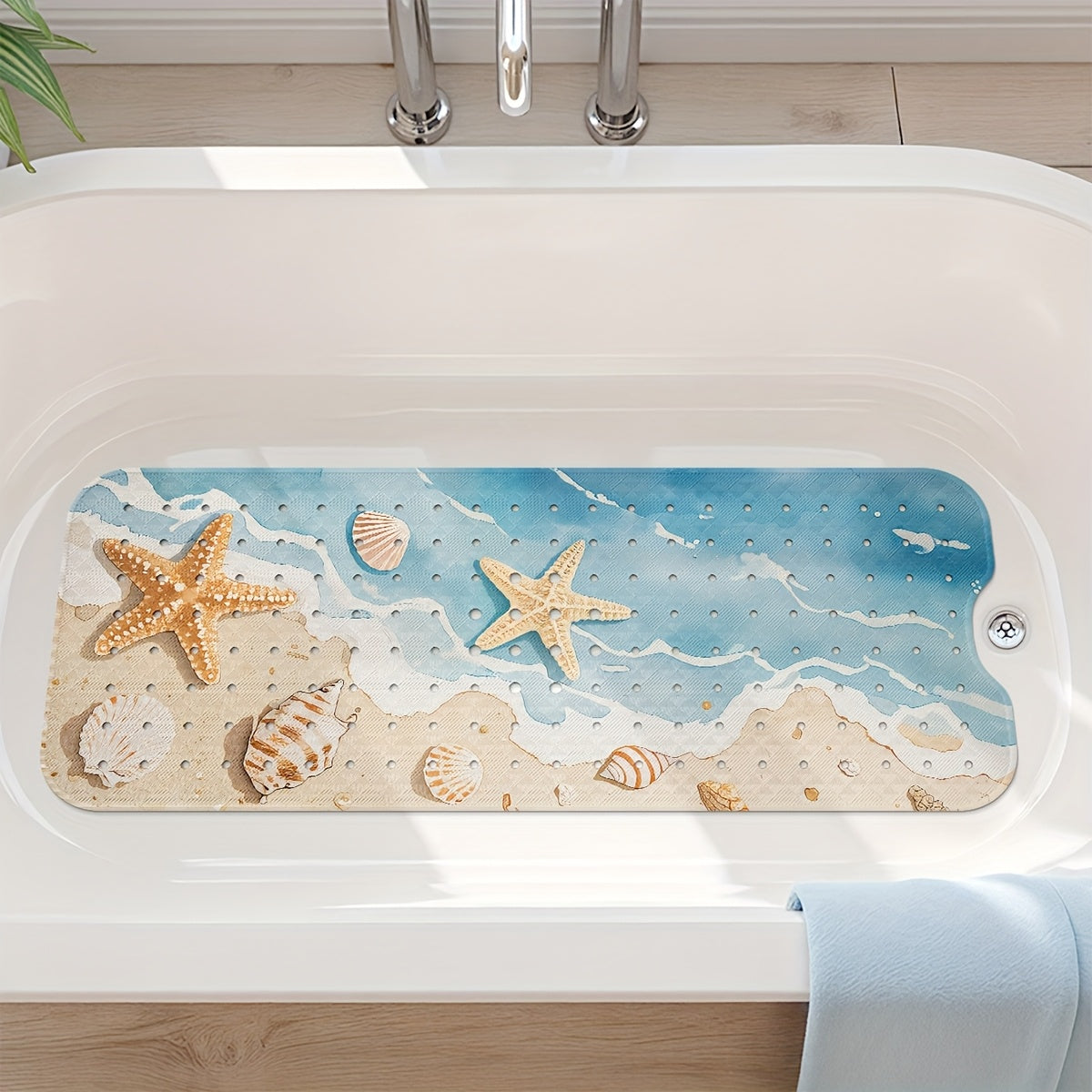 1pc DAJIANG Beach Starfish Print Non-Slip Shower Mat - PVC Bath Mat with Ocean Waves & Seashells Design, Blue & White, Perfect for Bathroom, Bathtub, and Shower Safety, Bathtub Mat