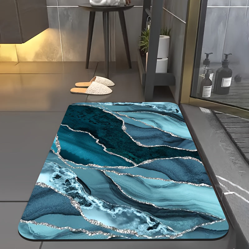 1pc Diatomite Bath Mat with Ocean Blue and Silvery Artistic Pattern Print, Quick-Dry Non-Slip Absorbent Floor Mat – Soft & Comfortable for Bathroom, Shower, Laundry Room, Bedroom, Doorway, RV Kitchen Rug, Bathroom Rugs, Non Slip Bathtub Mat, Bath Matts