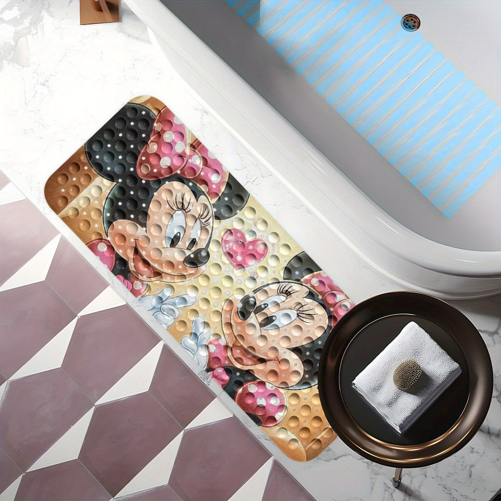 Disney'S Minnie Mouse Bath Mat Features Pink Love Hearts And Bubbles, Set Against a Warm-Colored Background in a Cartoon Style. This Non-Slip Mat Measures 40*100Cm (15.7*39.3 Inches) And Provides a Comfortable, Water-Absorbent Surface for Your Bathroom.