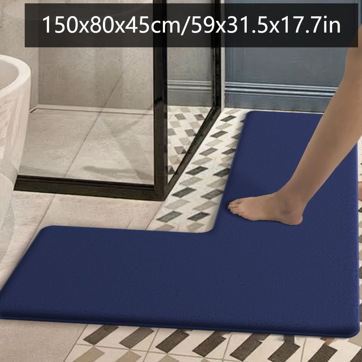 Luxurious Dark Blue Flannel Bath Mat - Absorbent, Non-Slip, L-Shaped Shower Door Mat for Bathroom Safety, Soft and Plush Texture, Perfect for Modern Bathrooms, Bathroom Mat