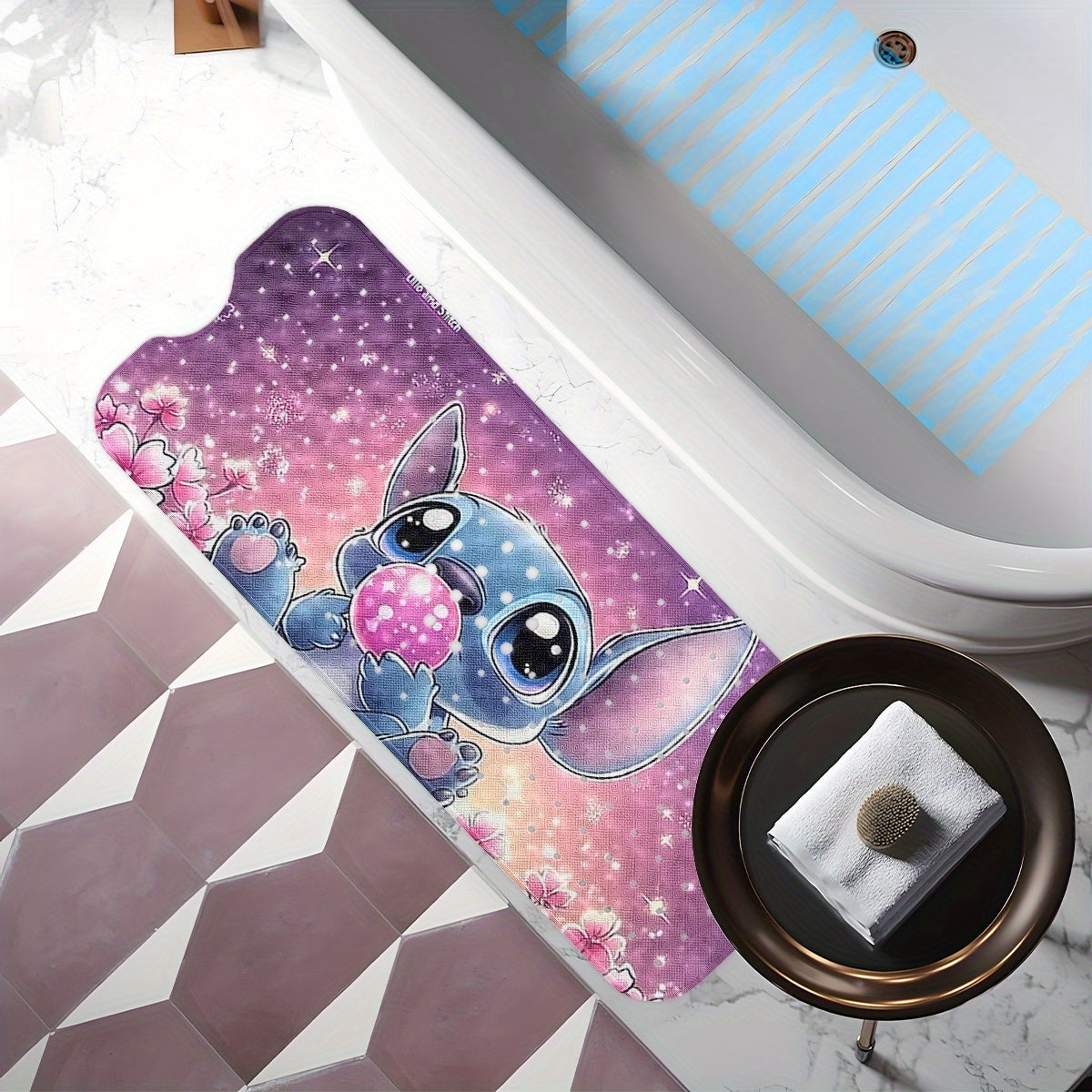 Stitch Pink Purple Sky Background Stars & Heart Cartoon Style Bathtub Mat - Non-Slip PVC Water-Absorbent Soft Bath Mats for Bathroom, 15.7x39.3 Inches, Machine Washable