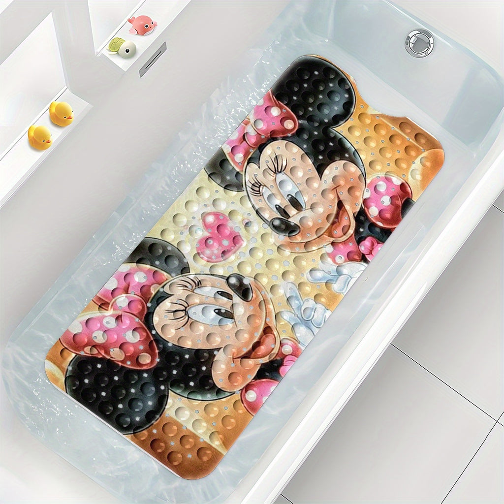 Disney'S Minnie Mouse Bath Mat Features Pink Love Hearts And Bubbles, Set Against a Warm-Colored Background in a Cartoon Style. This Non-Slip Mat Measures 40*100Cm (15.7*39.3 Inches) And Provides a Comfortable, Water-Absorbent Surface for Your Bathroom.