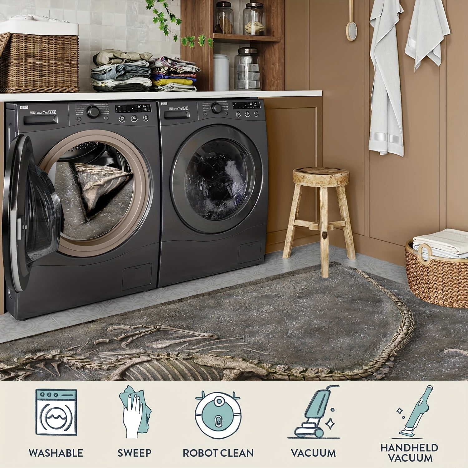 Dinosaur Fossil Pattern Soft Thickened Mat - 8mm, Machine Washable, Suitable for Bathroom, Kitchen, Living Room, Bedroom - Multifunctional Indoor Decorative Mat, Dinosaur Bathroom Decoration