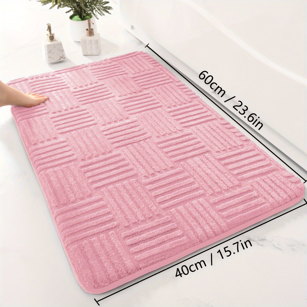 1pc, Thickened Bathroom Absorbent Mat, Non-Slip Bathtub Rug, Home Entryway Carpet, Solid Color & Stripe Pattern, Rectangular, Lightweight, Machine-Made, PVC Backing, Polyester, Hand Wash Only