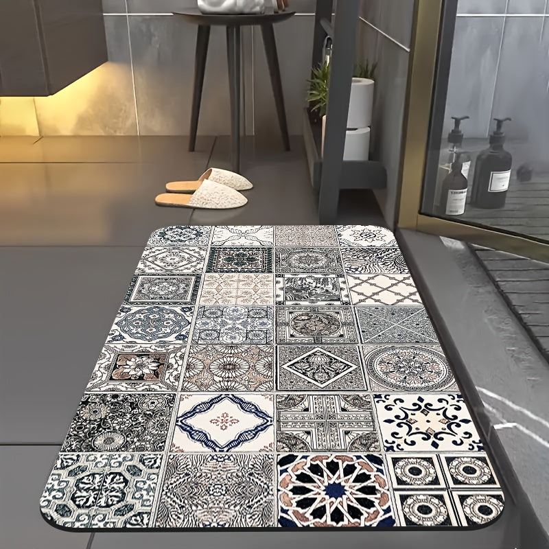 1pc Diatomite Bath Mat, Classic Retro Tile Pattern Print Design, Quick-Dry & Non-Slip Absorbent Floor Mat, Soft and Comfortable for Bathroom, Shower, Laundry Room, Bedroom, Doorway, Kitchen Rug, RV Bathroom