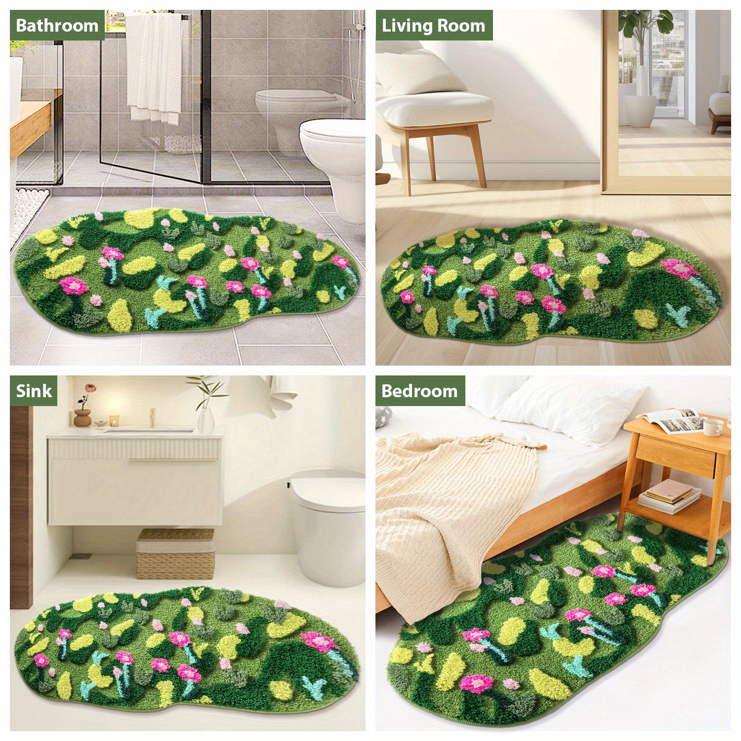 Green Moss Bathroom Rugs Bath Mat Non Slip, Ultra Soft Absorbent Aesthetic Decor Shaggy Tufted Flower Long Bath Rugs For Bathroom Floor, Shower, Bedroom, Machine Washable Dry