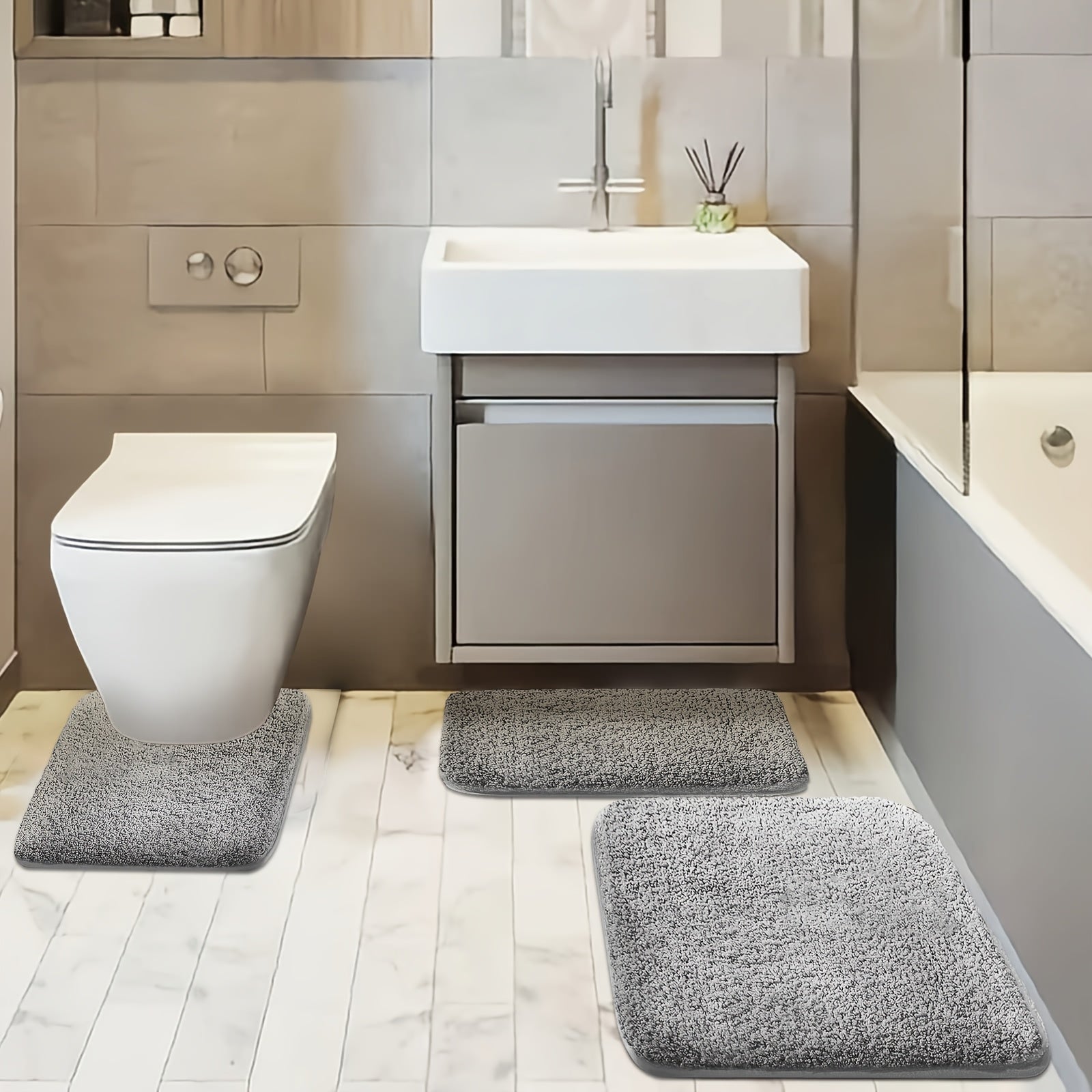 Three-piece Set of Extra Thick Bathroom Soft Floor Mats Simple Washbasin Mat Bathtub Absorbent Soft Foot Pad Bath Mat Toilet Seat