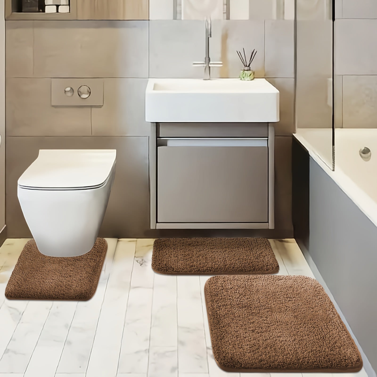 Three-piece Set of Extra Thick Bathroom Soft Floor Mats Simple Washbasin Mat Bathtub Absorbent Soft Foot Pad Bath Mat Toilet Seat
