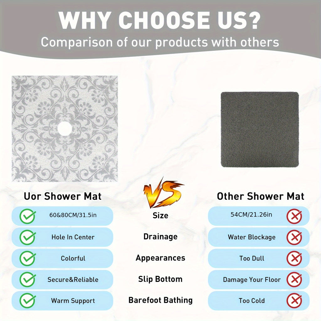 1pc Gray Floral PVC Bath Mat, 23.62*23.62 inches/31.5*31.5 inches, Quick-Dry, Non-Slip Shower Mat with Soft Loofah Sole, Durable, Comfortable and Safe for Bathroom Safety, Bathroom Ma
