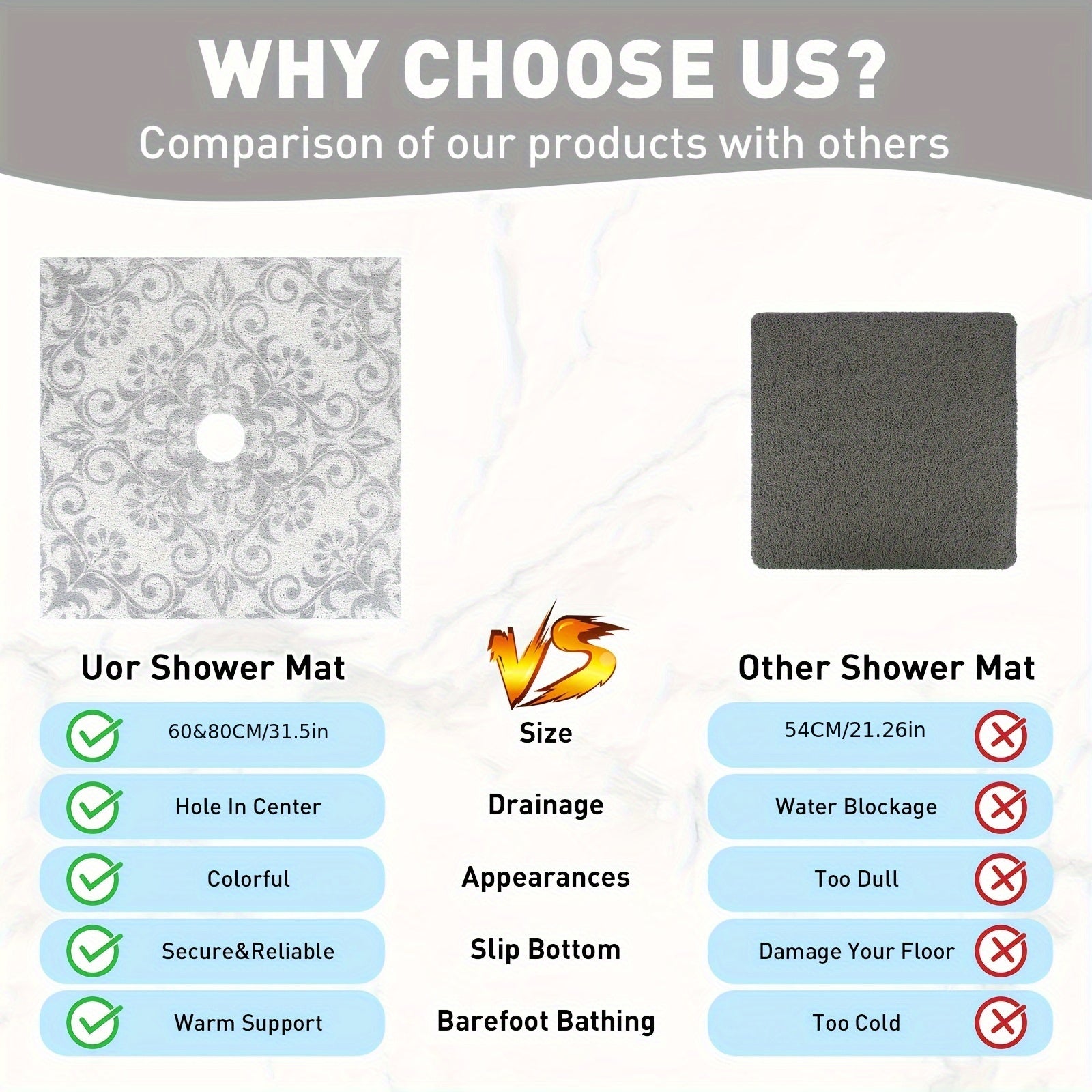 1pc Gray Floral PVC Bath Mat, 23.62*23.62 inches/31.5*31.5 inches, Quick-Dry, Non-Slip Shower Mat with Soft Loofah Sole, Durable, Comfortable and Safe for Bathroom Safety, Bathroom Ma