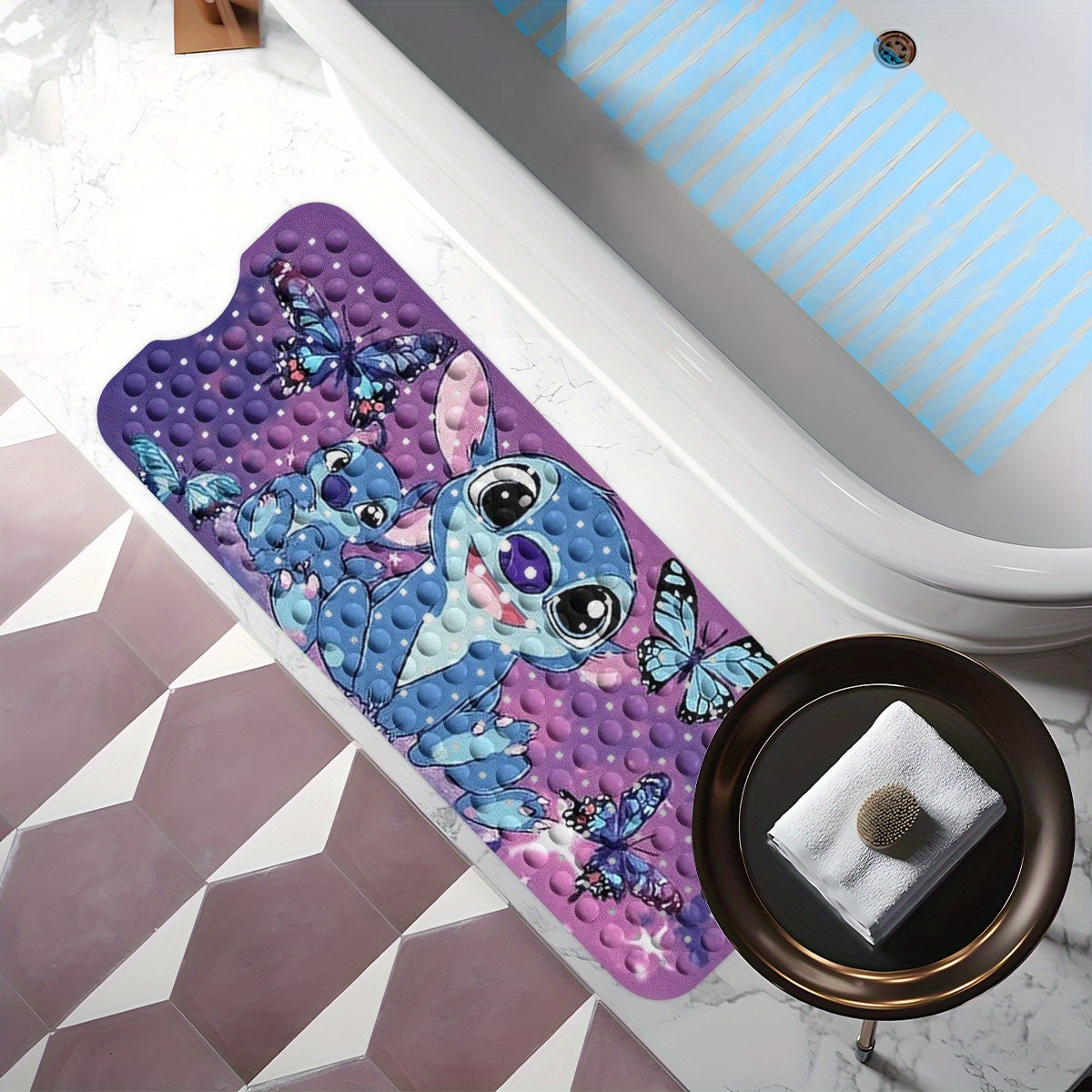 Disney Stitch, Purple Blue Black Pink Butterfly Gradient Background Cartoon Style Bathtub Mat - Non-Slip Bathroom Bath Mats for Shower Floor, 40x100cm / 15.7x39.3in, Comfortable Soft Water-Absorbent Anti-Slip Bath Mat