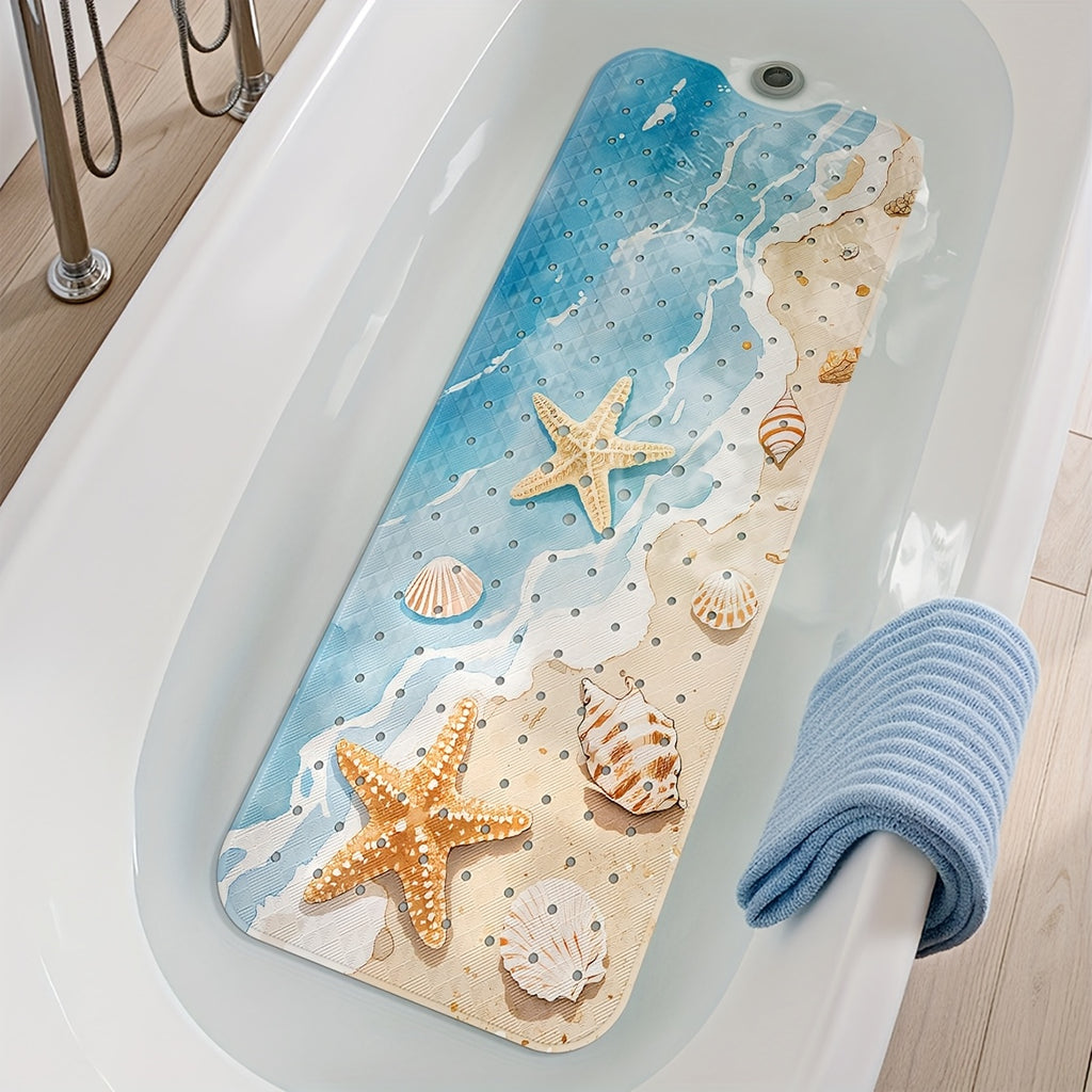 1pc DAJIANG Beach Starfish Print Non-Slip Shower Mat - PVC Bath Mat with Ocean Waves & Seashells Design, Blue & White, Perfect for Bathroom, Bathtub, and Shower Safety, Bathtub Mat