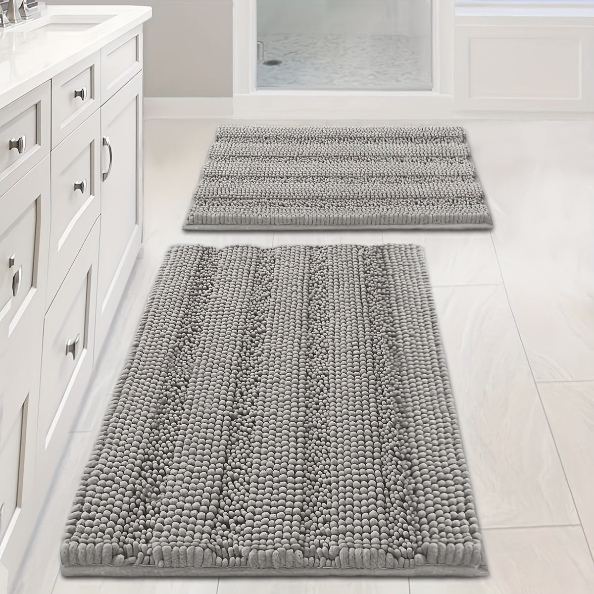 [Extra Thick, Bathroom Rugs] AIERJIA Extra Thick Chenille Bathroom Rugs Set Of 2 | Non-Skid Shaggy Striped Pattern Bath Mats For Bathroom Floor (32 X 20 Plus 24 X 17 - Inches)