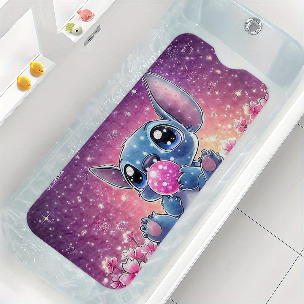 Stitch Pink Purple Sky Background Stars & Heart Cartoon Style Bathtub Mat - Non-Slip PVC Water-Absorbent Soft Bath Mats for Bathroom, 15.7x39.3 Inches, Machine Washable