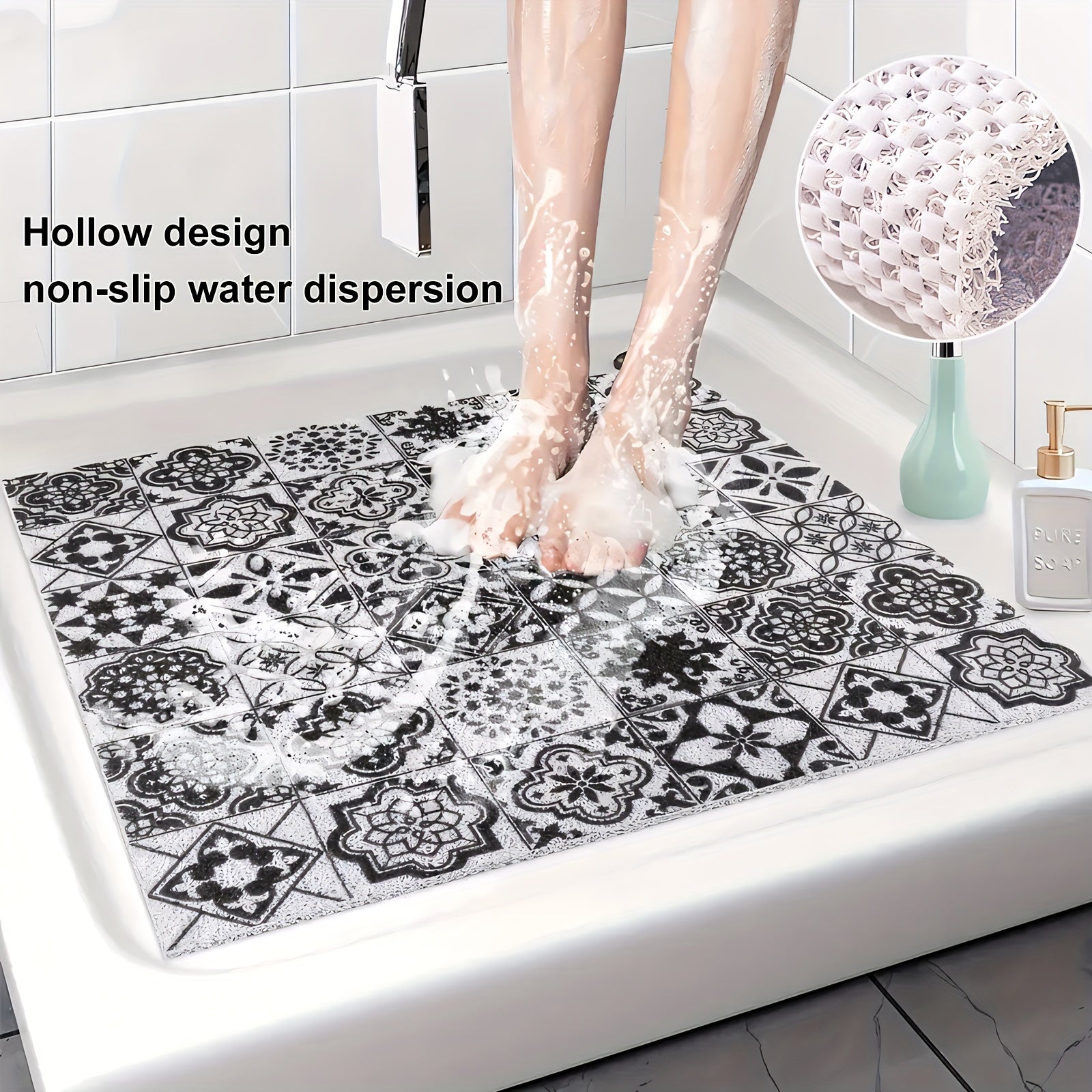 [1pc Non-Slip Shower Mat] 1pc Soft & Comfortable Non-Slip Shower Mat with Drainage Holes, PVC Loofah Massage Bath Mat | Quick-Dry, Ideal for Bathroom & Wet Areas, Hollow Design