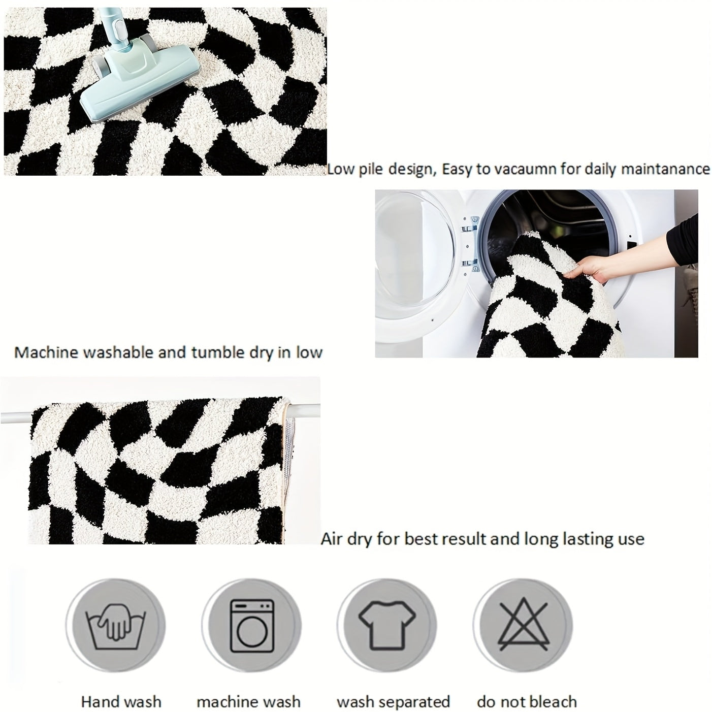 [Non-Slip Bath Rug] Non-Slip, Machine Washable 1pc Checkered Bath Rug | Plush Polyester Bathroom Mat with Black & White Geometric Pattern, 2cm Thick Durable Floor Mat for Shower, Sink & Toilet Areas