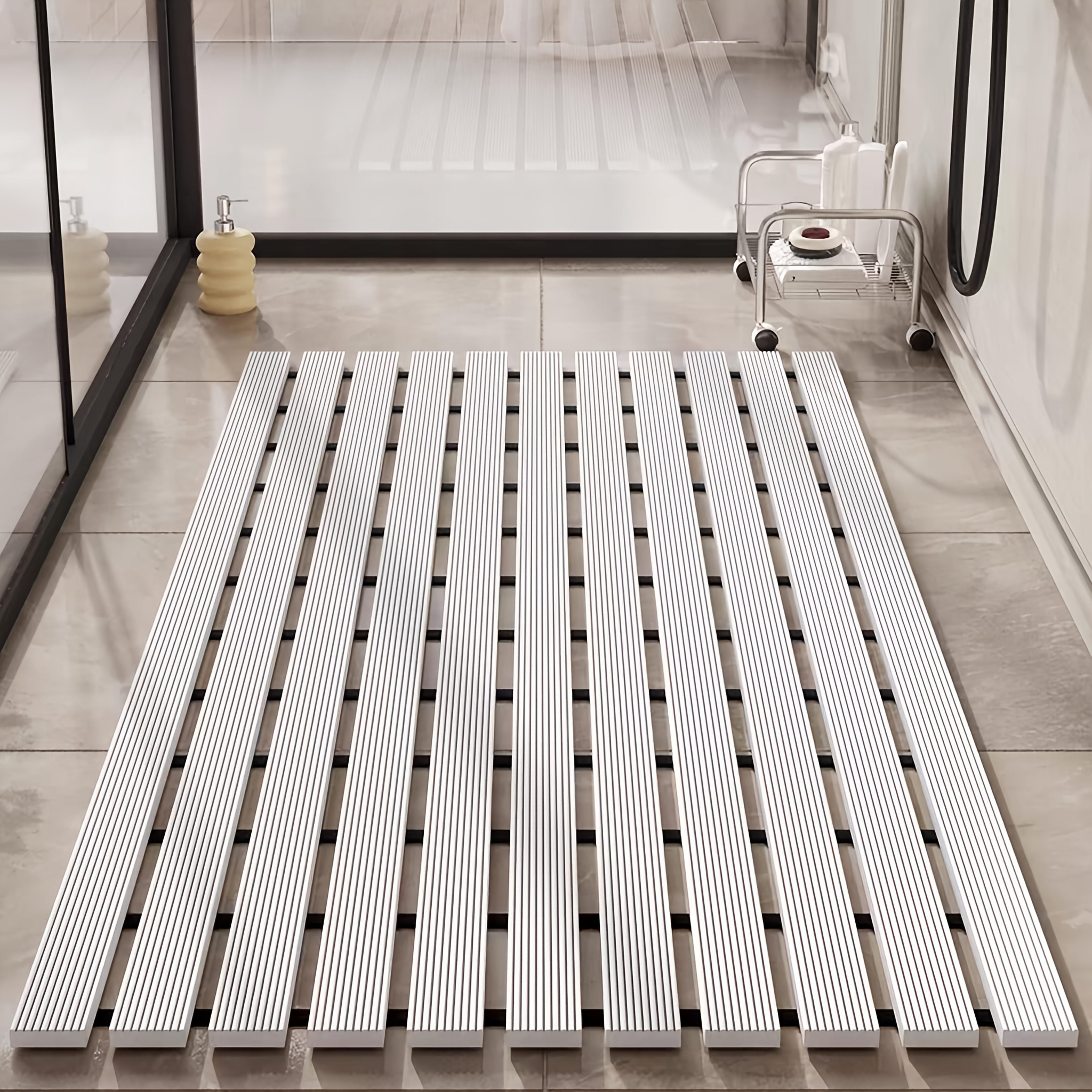 Non-Slip Shower Mat with Suction Cups and Drainage Holes - Quick-Dry Hard Stripe Design | Cut to Any Size 17"x24" (43x60cm) | Suitable for Wet and Slippery Floors in Showers and Bathtubs | Durable White and Gray, Easy-to-Clean Bathroom Mat, Shower Mats