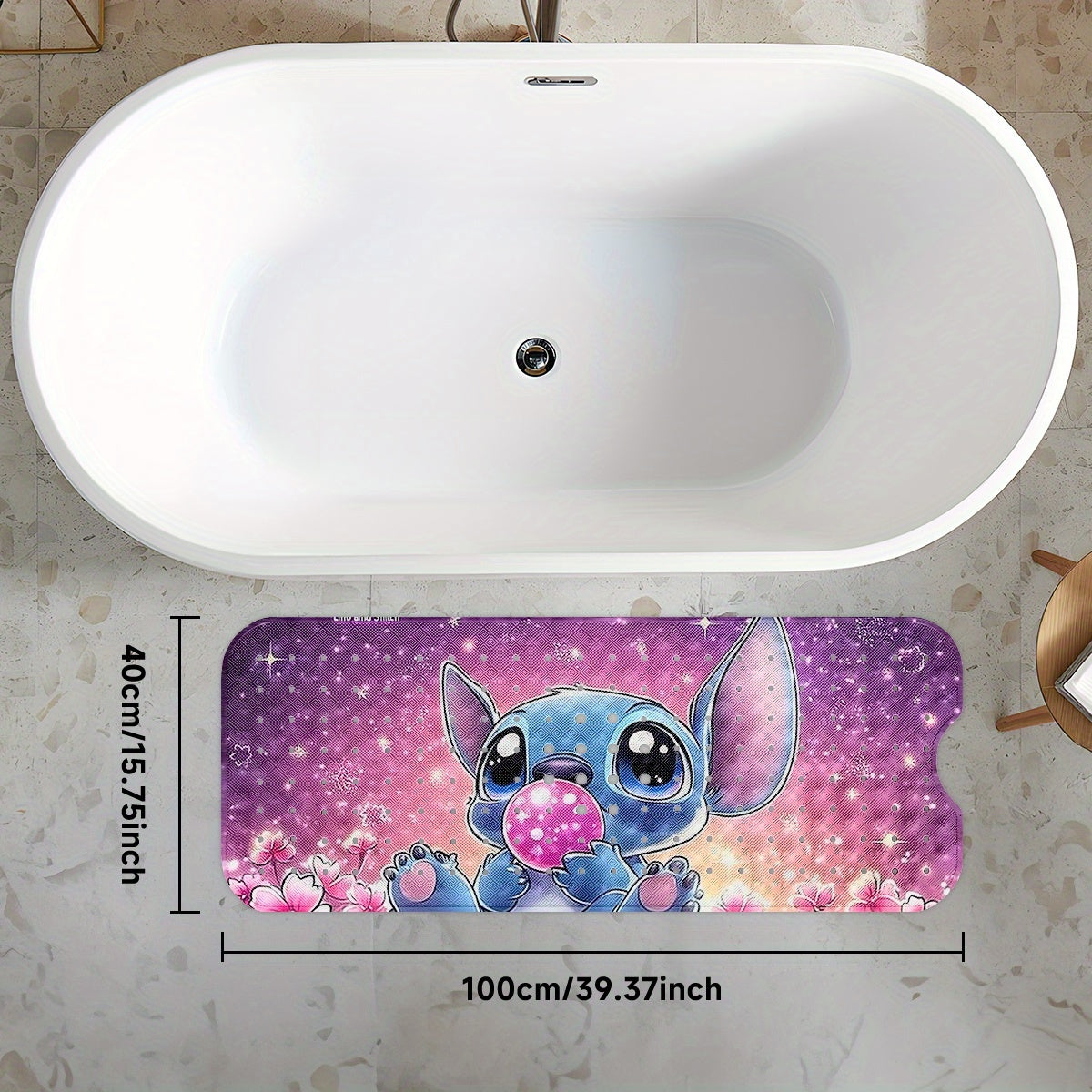 Stitch Pink Purple Sky Background Stars & Heart Cartoon Style Bathtub Mat - Non-Slip PVC Water-Absorbent Soft Bath Mats for Bathroom, 15.7x39.3 Inches, Machine Washable