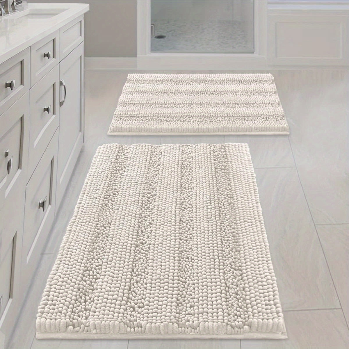 [Extra Thick, Bathroom Rugs] AIERJIA Extra Thick Chenille Bathroom Rugs Set Of 2 | Non-Skid Shaggy Striped Pattern Bath Mats For Bathroom Floor (32 X 20 Plus 24 X 17 - Inches)