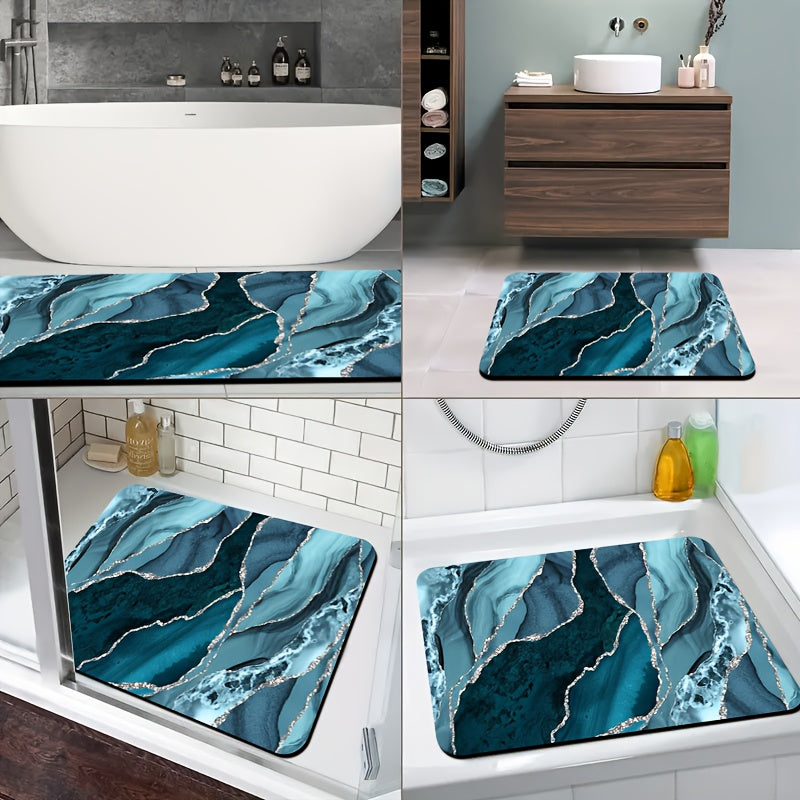 1pc Diatomite Bath Mat with Ocean Blue and Silvery Artistic Pattern Print, Quick-Dry Non-Slip Absorbent Floor Mat – Soft & Comfortable for Bathroom, Shower, Laundry Room, Bedroom, Doorway, RV Kitchen Rug, Bathroom Rugs, Non Slip Bathtub Mat, Bath Matts