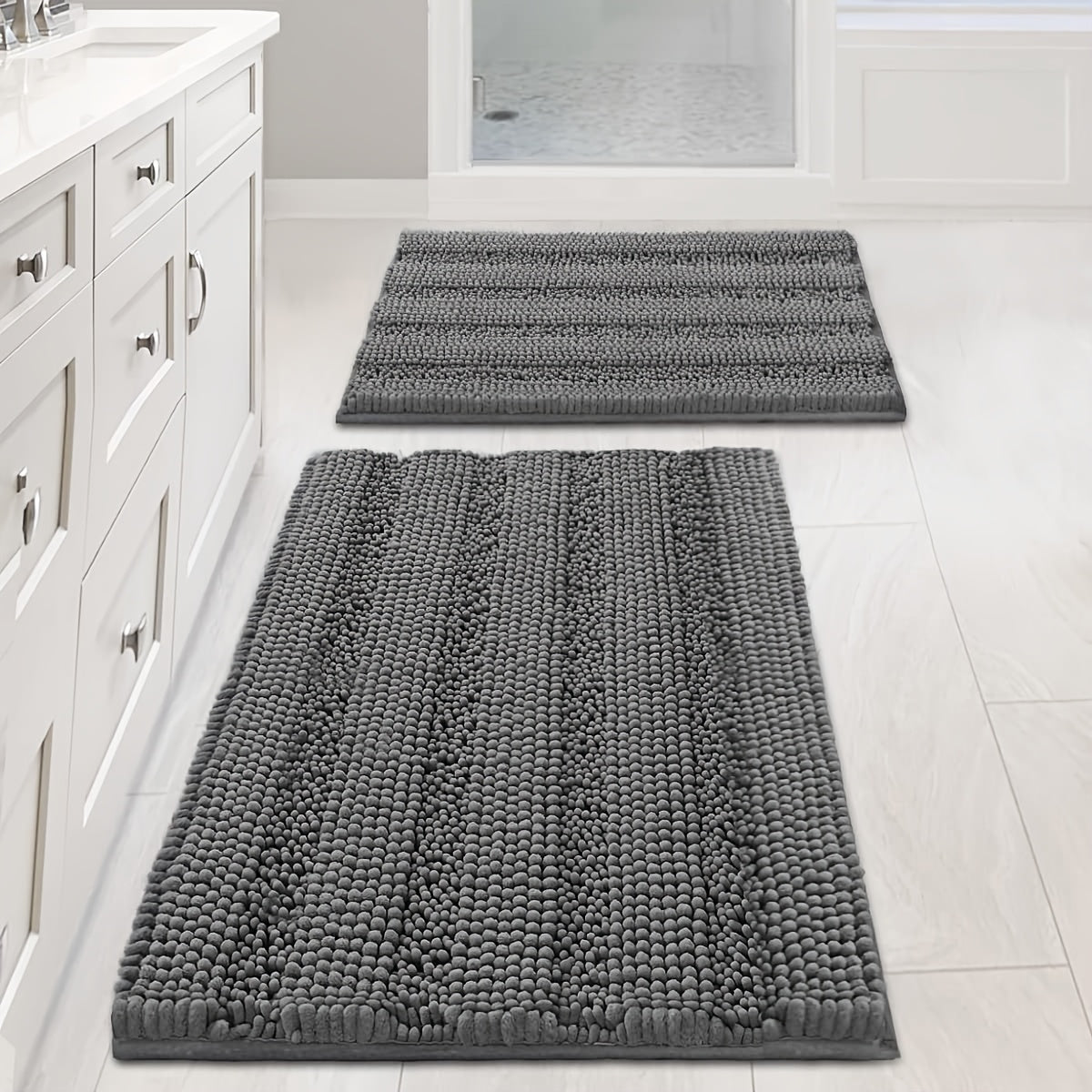 [Extra Thick, Bathroom Rugs] AIERJIA Extra Thick Chenille Bathroom Rugs Set Of 2 | Non-Skid Shaggy Striped Pattern Bath Mats For Bathroom Floor (32 X 20 Plus 24 X 17 - Inches)