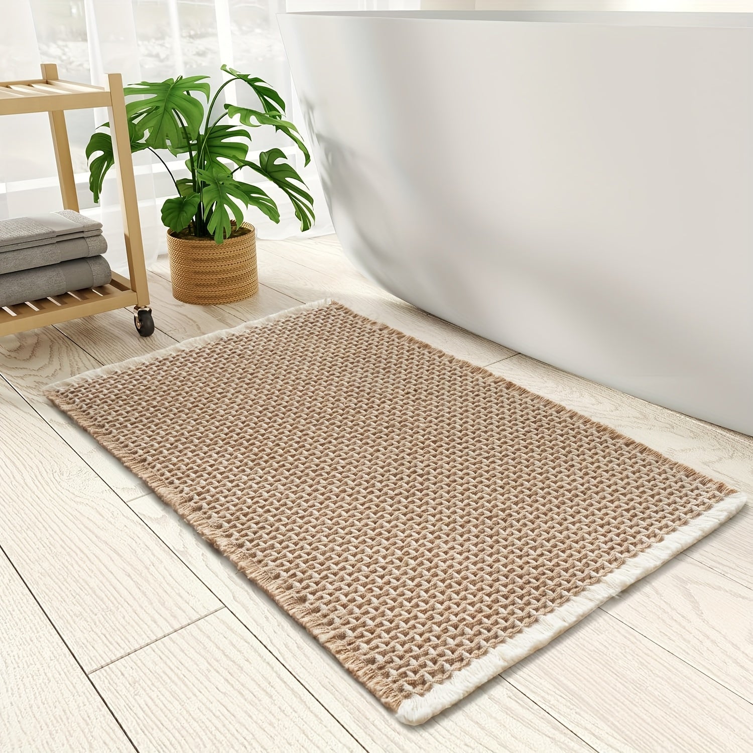 SIXHOME Braided Polyester Bath Mat - Soft, Non-Slip, Ultra-Absorbent, Machine Washable, Rectangular Bathroom Mat with Geometric Pattern, Light Brown, Bathroom Floor Mat|Geometric Pattern Mat|Soft Texture Mat, Bathroom Mat