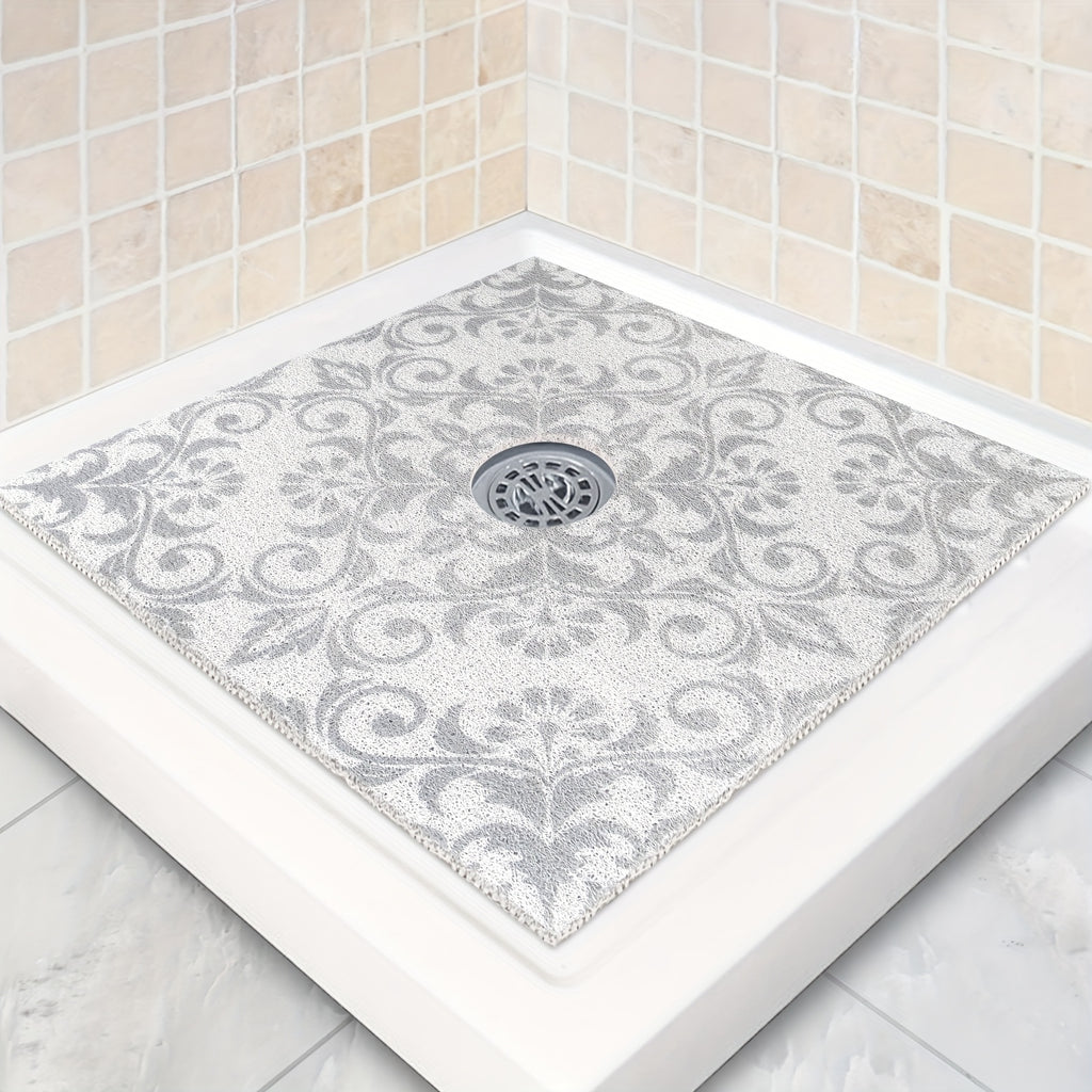 1pc Gray Floral PVC Bath Mat, 23.62*23.62 inches/31.5*31.5 inches, Quick-Dry, Non-Slip Shower Mat with Soft Loofah Sole, Durable, Comfortable and Safe for Bathroom Safety, Bathroom Ma