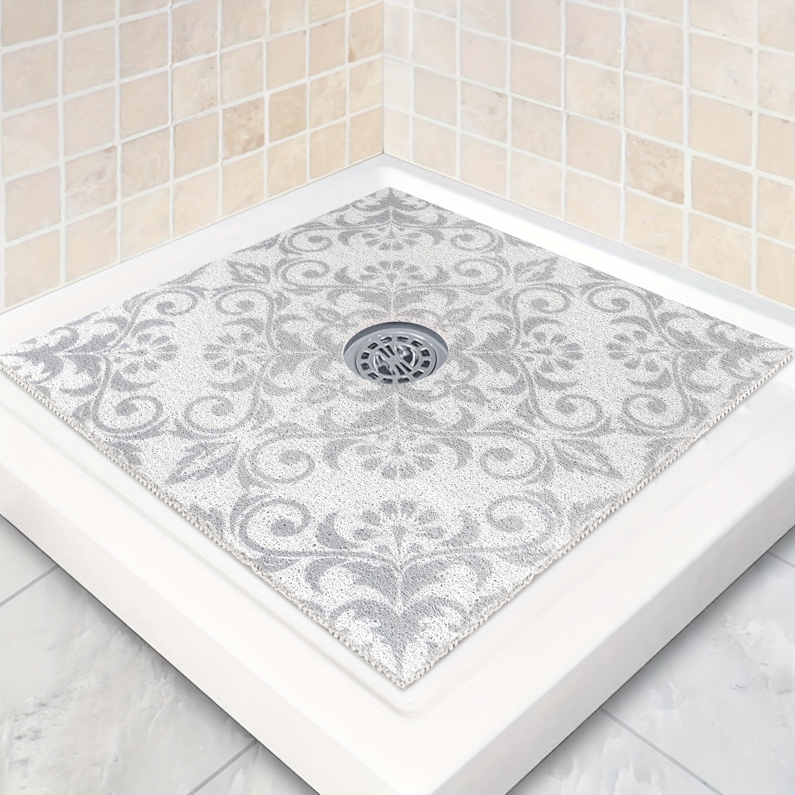 1pc Gray Floral PVC Bath Mat, 23.62*23.62 inches/31.5*31.5 inches, Quick-Dry, Non-Slip Shower Mat with Soft Loofah Sole, Durable, Comfortable and Safe for Bathroom Safety, Bathroom Ma