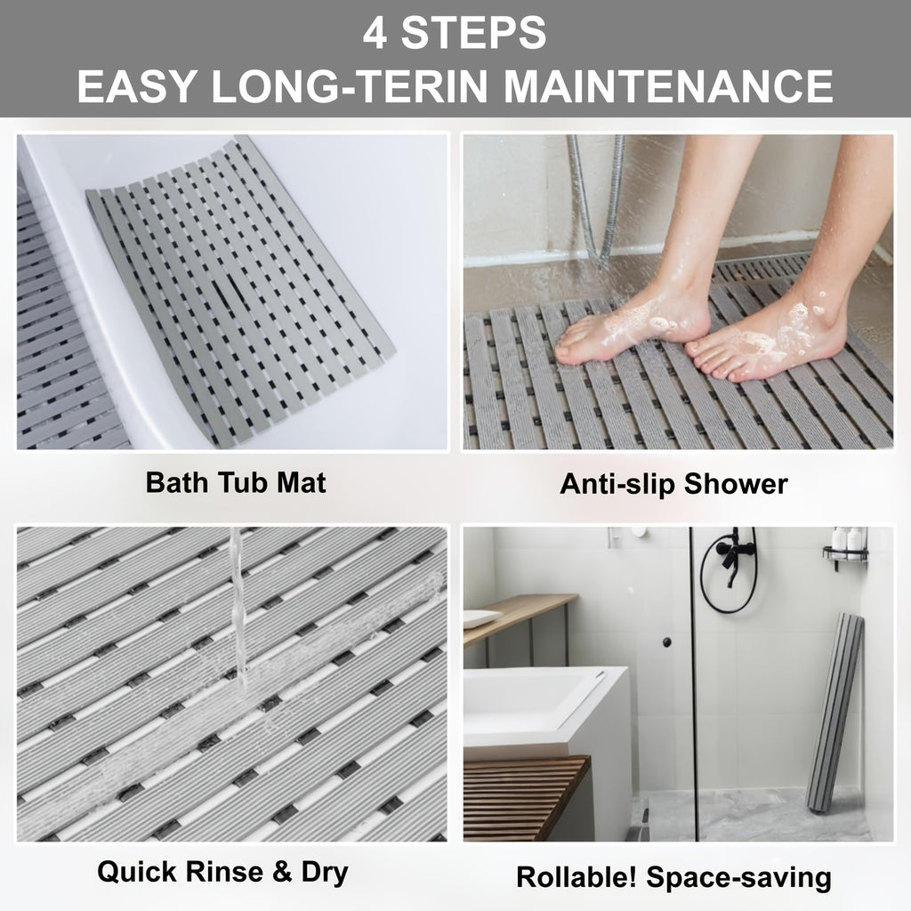 Non-Slip Shower Mat with Suction Cups and Drainage Holes - Quick-Dry Hard Stripe Design | Cut to Any Size 17"x24" (43x60cm) | Suitable for Wet and Slippery Floors in Showers and Bathtubs | Durable White and Gray, Easy-to-Clean Bathroom Mat, Shower Mats