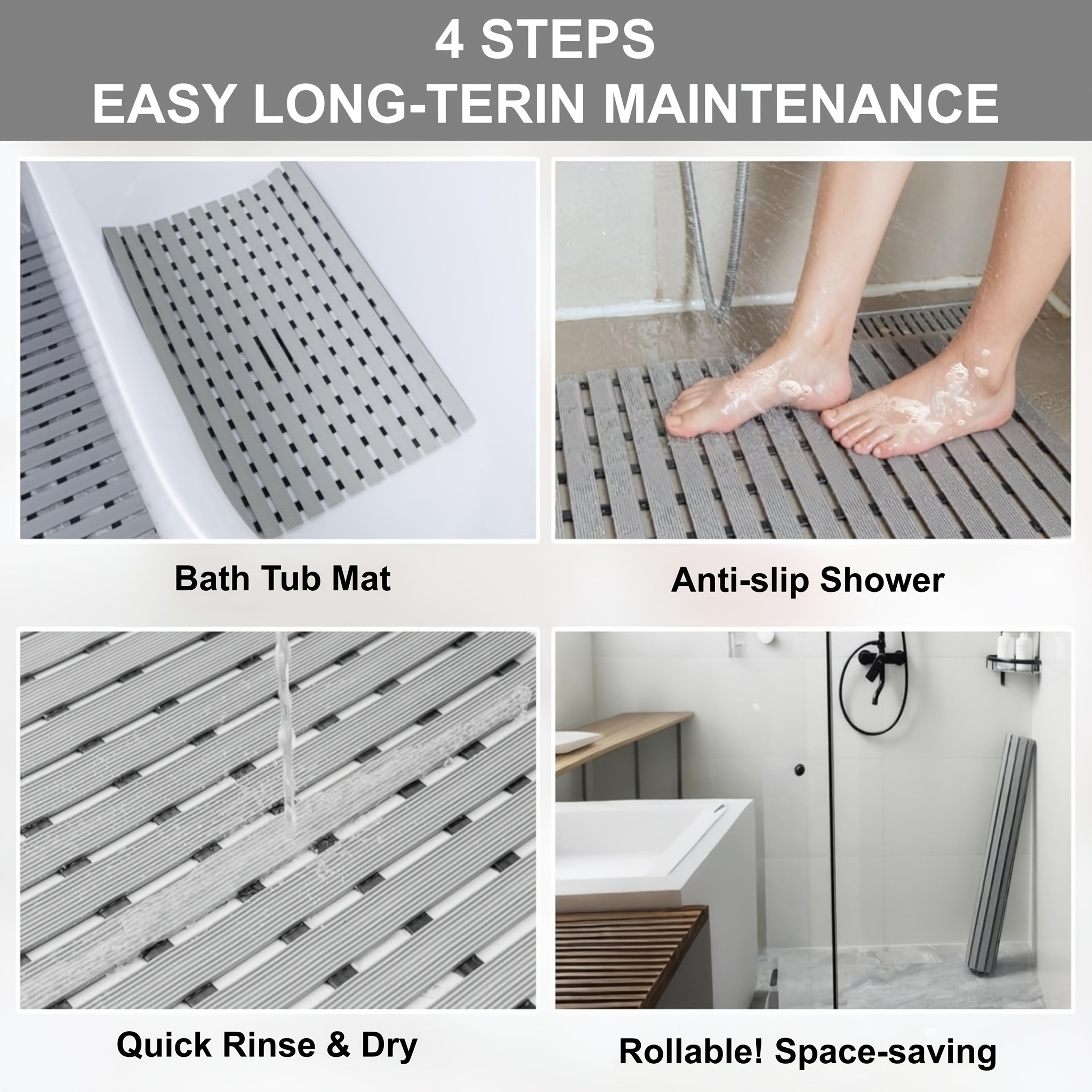 Non-Slip Shower Mat with Suction Cups and Drainage Holes - Quick-Dry Hard Stripe Design | Cut to Any Size 17"x24" (43x60cm) | Suitable for Wet and Slippery Floors in Showers and Bathtubs | Durable White and Gray, Easy-to-Clean Bathroom Mat, Shower Mats