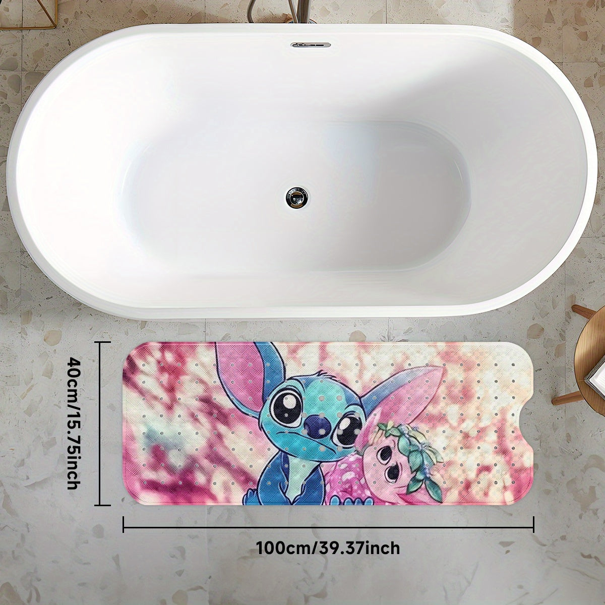 Stitch, Pink and Purple Tone Cartoon Style Bathtub Mat - Non-Slip Bathroom Bath Mats for Shower Floor - 40x100cm / 15.7x39.3in, Extra Long Soft Water-Absorbent Anti-Skid Tub Mat Collection