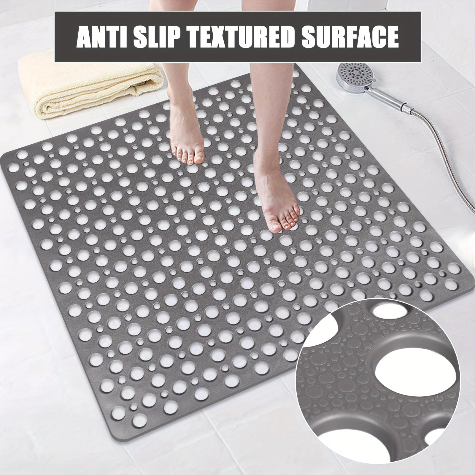 [Non-Slip Shower Mat] Non-Slip Shower Mat, Large | Round Hole Design with Drainage Holes and Strong Suction Cups for Enhanced Grip and Comfort, Machine Washable Bathroom TPE Safety Pad