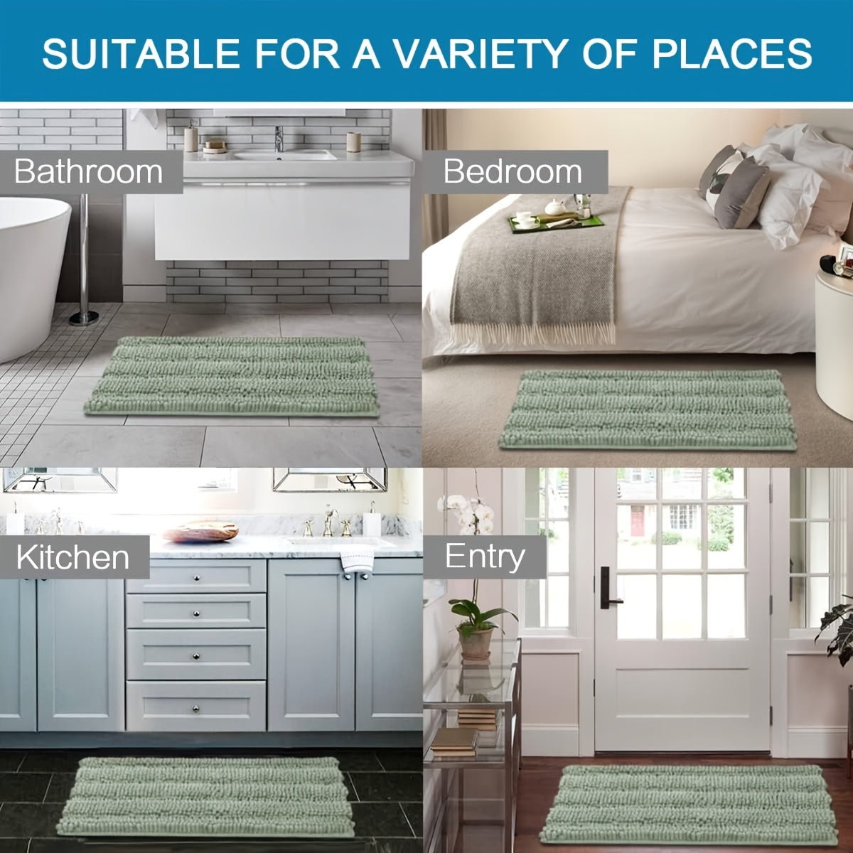 [Extra Thick, Bathroom Rugs] AIERJIA Extra Thick Chenille Bathroom Rugs Set Of 2 | Non-Skid Shaggy Striped Pattern Bath Mats For Bathroom Floor (32 X 20 Plus 24 X 17 - Inches)
