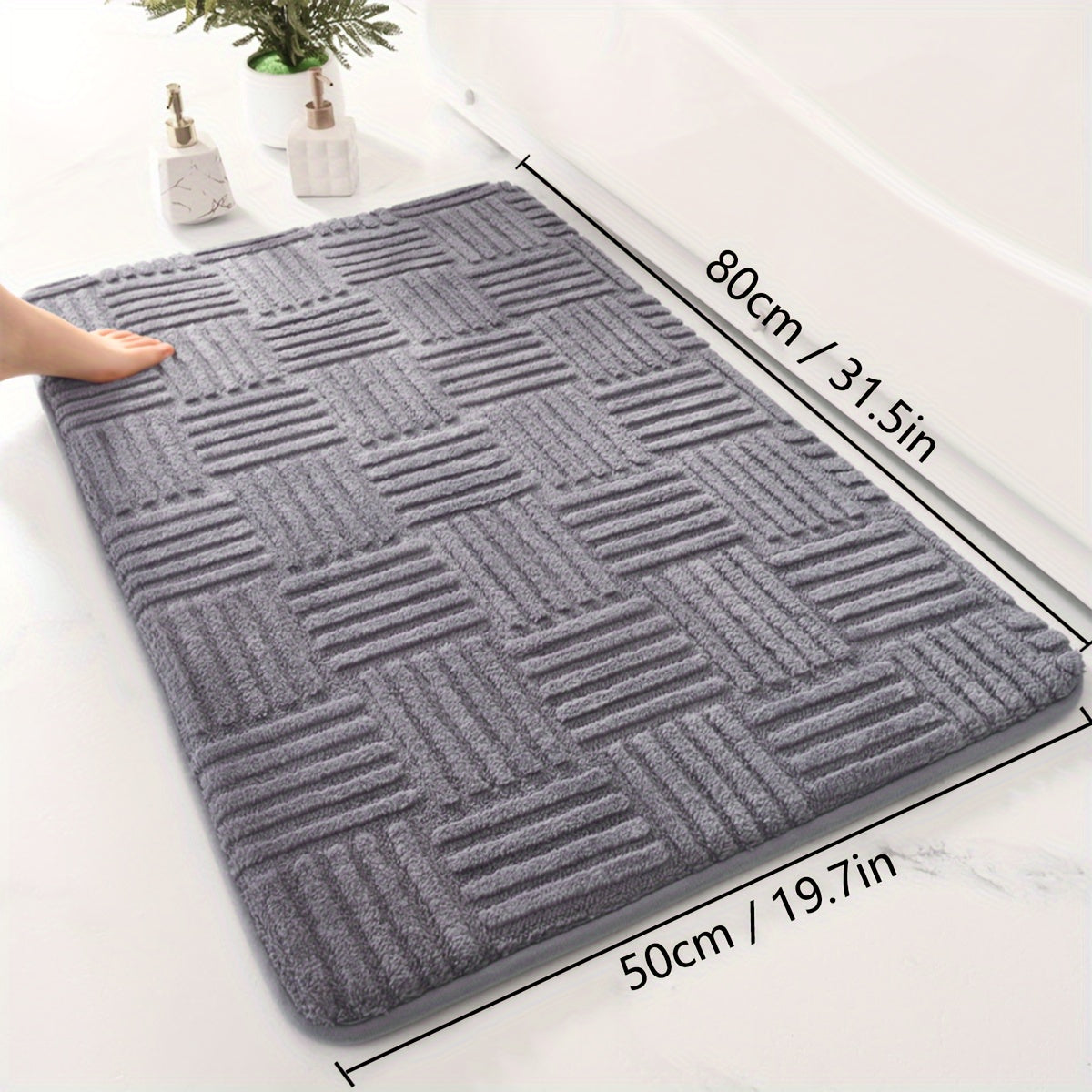 1pc, Thickened Bathroom Absorbent Mat, Non-Slip Bathtub Rug, Home Entryway Carpet, Solid Color & Stripe Pattern, Rectangular, Lightweight, Machine-Made, PVC Backing, Polyester, Hand Wash Only