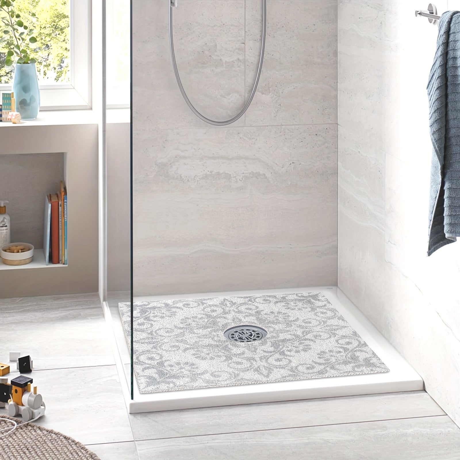 1pc Gray Floral PVC Bath Mat, 23.62*23.62 inches/31.5*31.5 inches, Quick-Dry, Non-Slip Shower Mat with Soft Loofah Sole, Durable, Comfortable and Safe for Bathroom Safety, Bathroom Ma