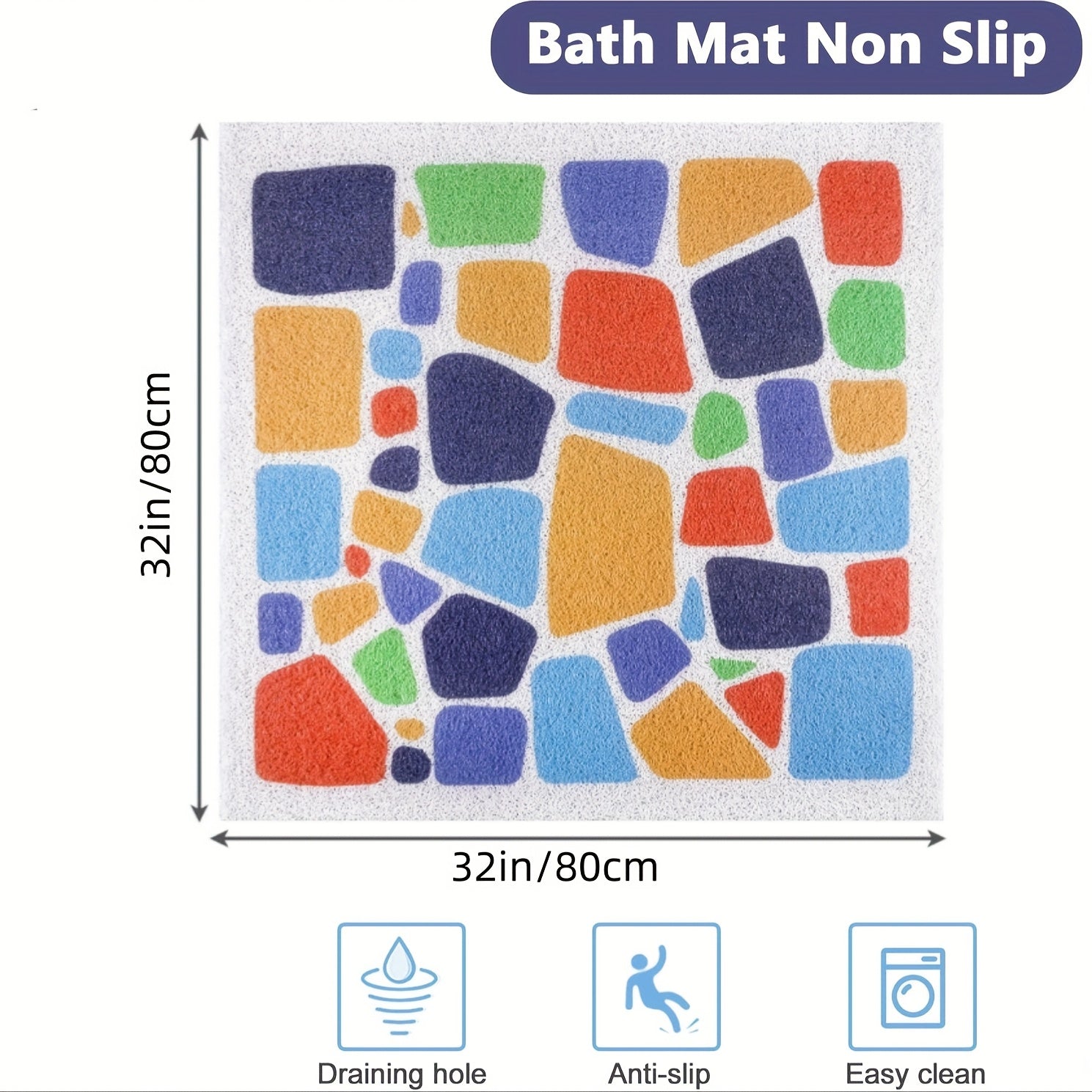 Non-Slip Shower Mat with Drain Holes - Quick-Dry Bath, Anti-Slip Bathroom Floor Mat, Soft Cushioned PVC Bath Mat for Shower, Bathtub, Kitchen - Easy Clean Bathroom Safety Mat, Mosaic Design, Elderly Care