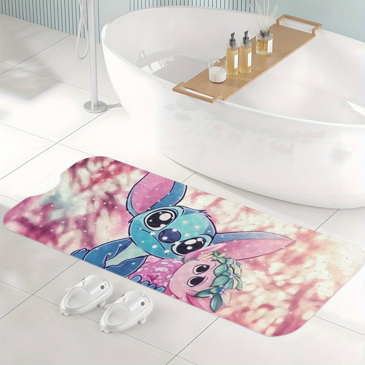 Stitch, Pink and Purple Tone Cartoon Style Bathtub Mat - Non-Slip Bathroom Bath Mats for Shower Floor - 40x100cm / 15.7x39.3in, Extra Long Soft Water-Absorbent Anti-Skid Tub Mat Collection