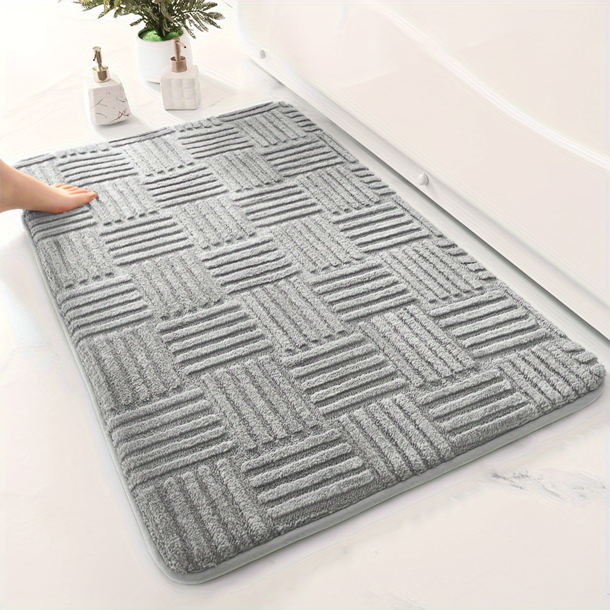 1pc, Thickened Bathroom Absorbent Mat, Non-Slip Bathtub Rug, Home Entryway Carpet, Solid Color & Stripe Pattern, Rectangular, Lightweight, Machine-Made, PVC Backing, Polyester, Hand Wash Only