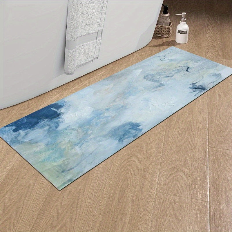 1pc Abstract Blue & White Marble Pattern Non-Slip Bath Mat - Super Absorbent, Easy to Clean & Washable, Durable Rubber Backing, Perfect for Bathroom, Kitchen, Bedroom, and Laundry Room Decor, Bathroom Mat