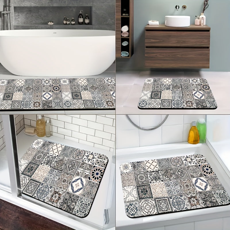 1pc Diatomite Bath Mat, Classic Retro Tile Pattern Print Design, Quick-Dry & Non-Slip Absorbent Floor Mat, Soft and Comfortable for Bathroom, Shower, Laundry Room, Bedroom, Doorway, Kitchen Rug, RV Bathroom