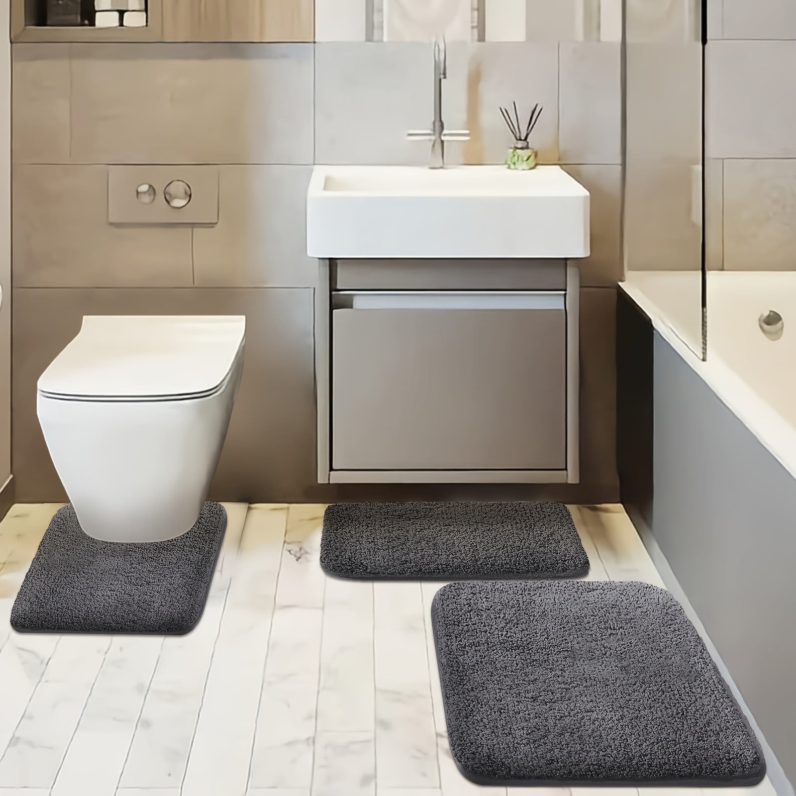 Three-piece Set of Extra Thick Bathroom Soft Floor Mats Simple Washbasin Mat Bathtub Absorbent Soft Foot Pad Bath Mat Toilet Seat