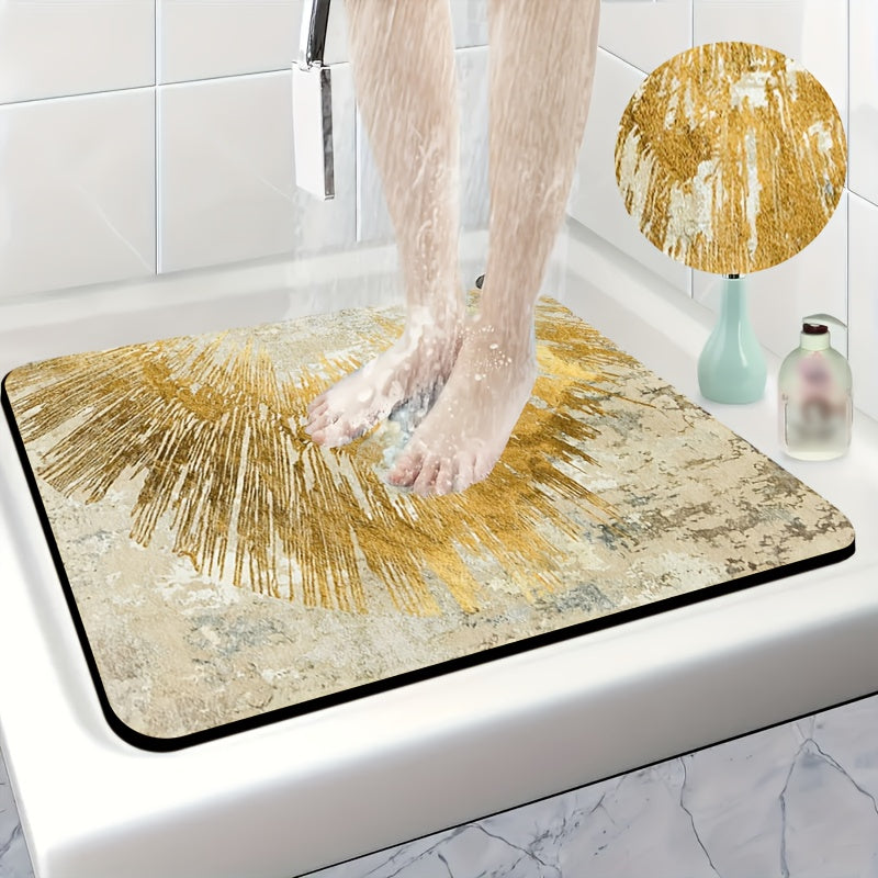 1pc of Diatomite Bathroom Anti-Slip Mat, Golden Streamlined Art Pattern Print Design, Quick-Drying, Non-Slip And Water-Absorbing Floor Mat, Soft And Comfortable, Suitable for Bathrooms, Shower Rooms, Laundry Rooms, Bedroom Floor Mats, Kitchen Floor Mats,