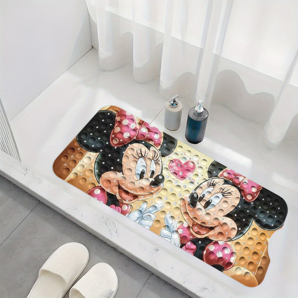 Disney'S Minnie Mouse Bath Mat Features Pink Love Hearts And Bubbles, Set Against a Warm-Colored Background in a Cartoon Style. This Non-Slip Mat Measures 40*100Cm (15.7*39.3 Inches) And Provides a Comfortable, Water-Absorbent Surface for Your Bathroom.