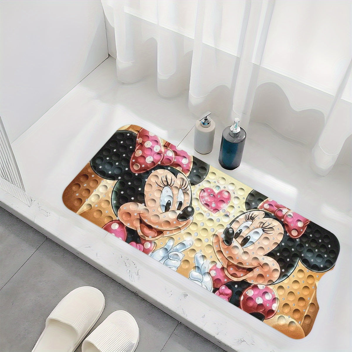 Disney'S Minnie Mouse Bath Mat Features Pink Love Hearts And Bubbles, Set Against a Warm-Colored Background in a Cartoon Style. This Non-Slip Mat Measures 40*100Cm (15.7*39.3 Inches) And Provides a Comfortable, Water-Absorbent Surface for Your Bathroom.