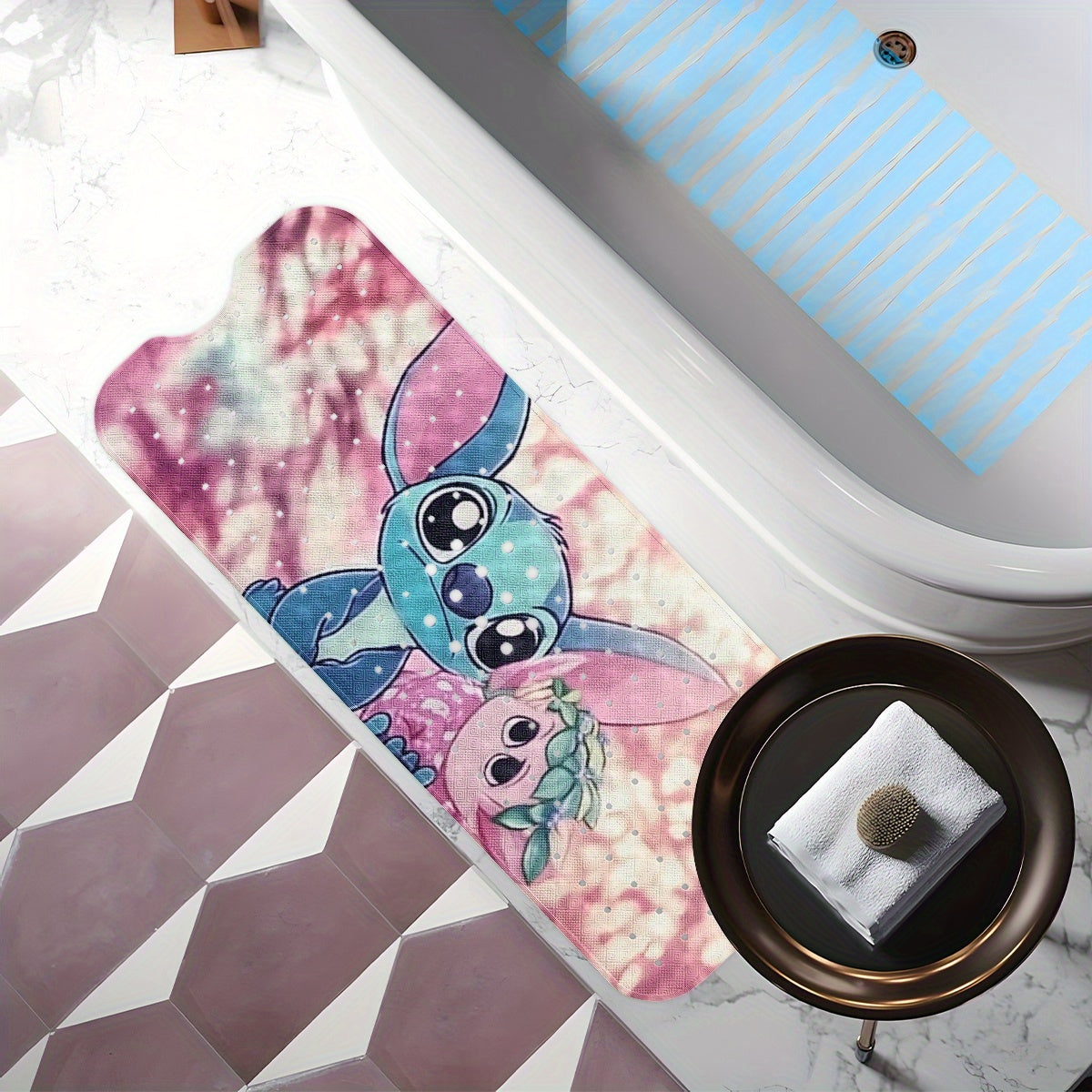 Stitch, Pink and Purple Tone Cartoon Style Bathtub Mat - Non-Slip Bathroom Bath Mats for Shower Floor - 40x100cm / 15.7x39.3in, Extra Long Soft Water-Absorbent Anti-Skid Tub Mat Collection
