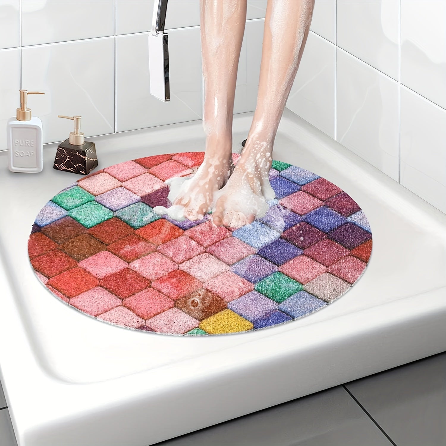 Non-Slip Shower Mat with Drain Holes - Quick-Dry Bath, Anti-Slip Bathroom Floor Mat, Soft Cushioned PVC Bath Mat for Shower, Bathtub, Kitchen - Easy Clean Bathroom Safety Mat, Mosaic Design, Elderly Care