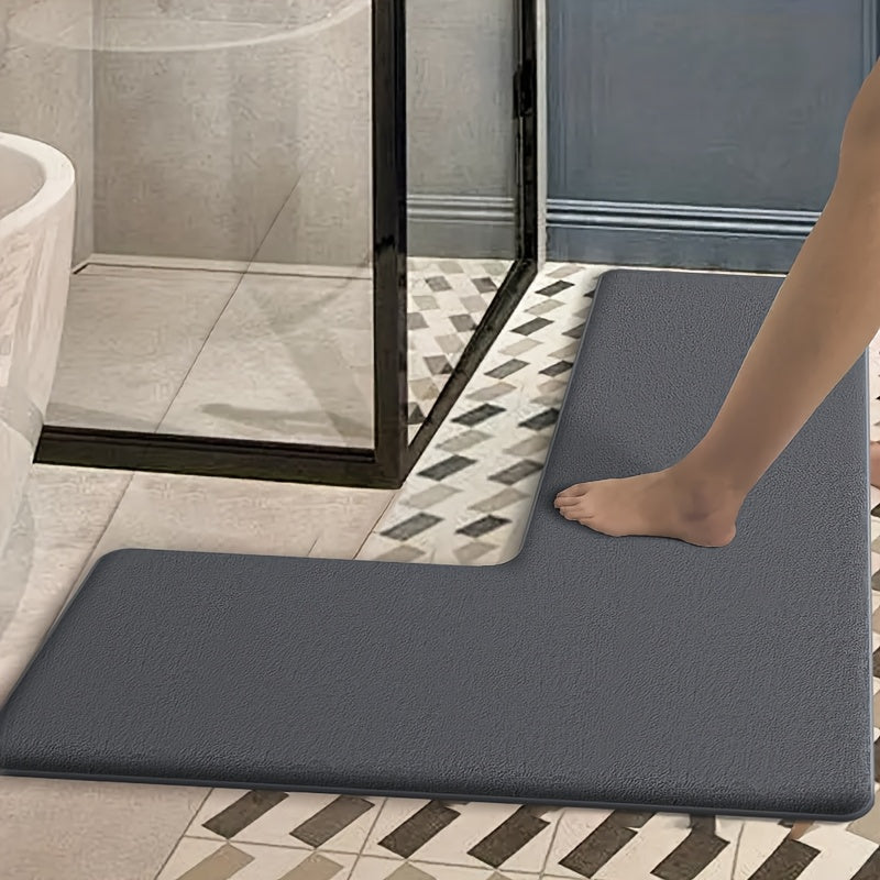 Luxurious Dark Blue Flannel Bath Mat - Absorbent, Non-Slip, L-Shaped Shower Door Mat for Bathroom Safety, Soft and Plush Texture, Perfect for Modern Bathrooms, Bathroom Mat